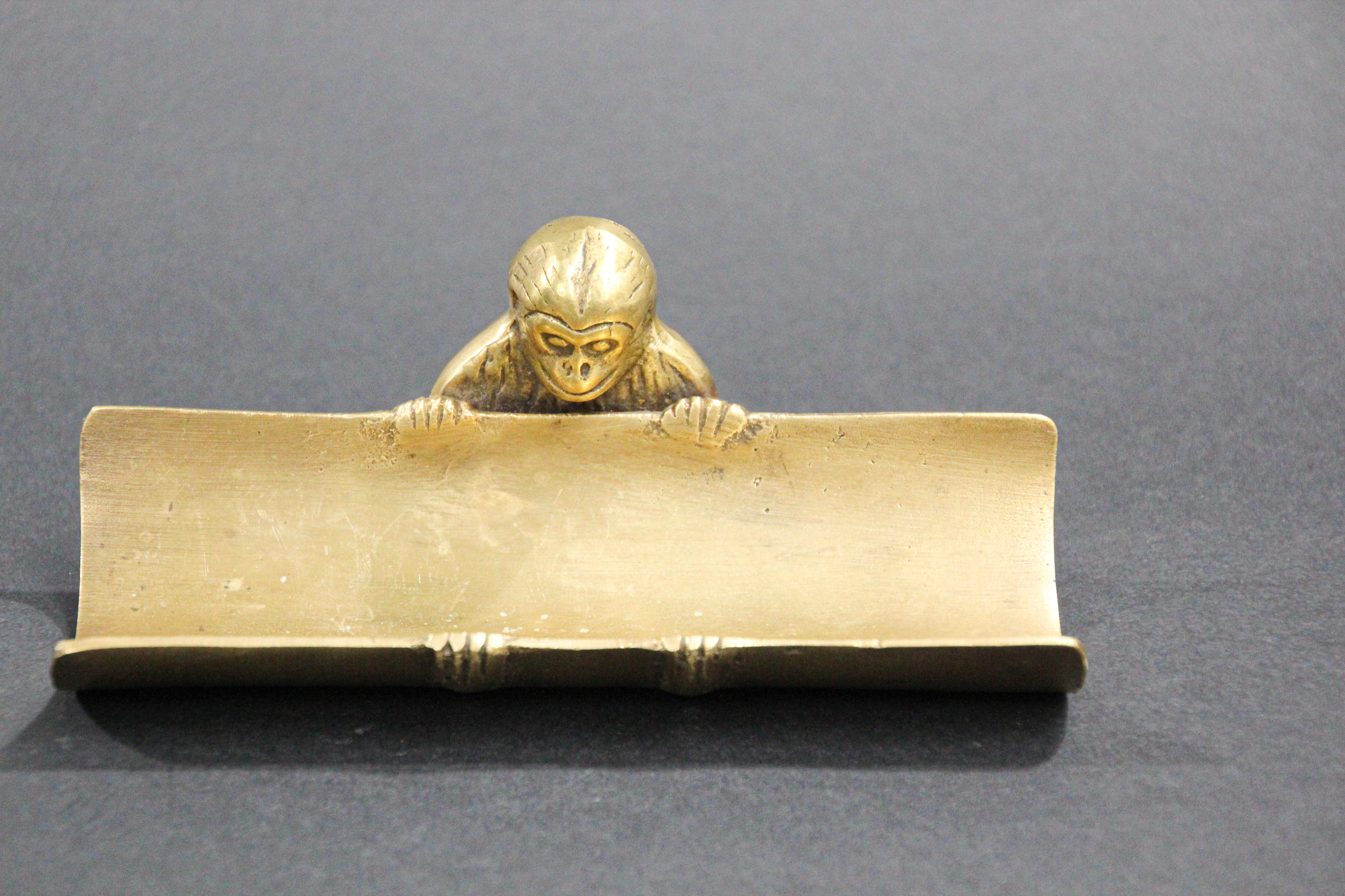 Polished Brass Monkey Paperweight Pen Tray Card Holder 1