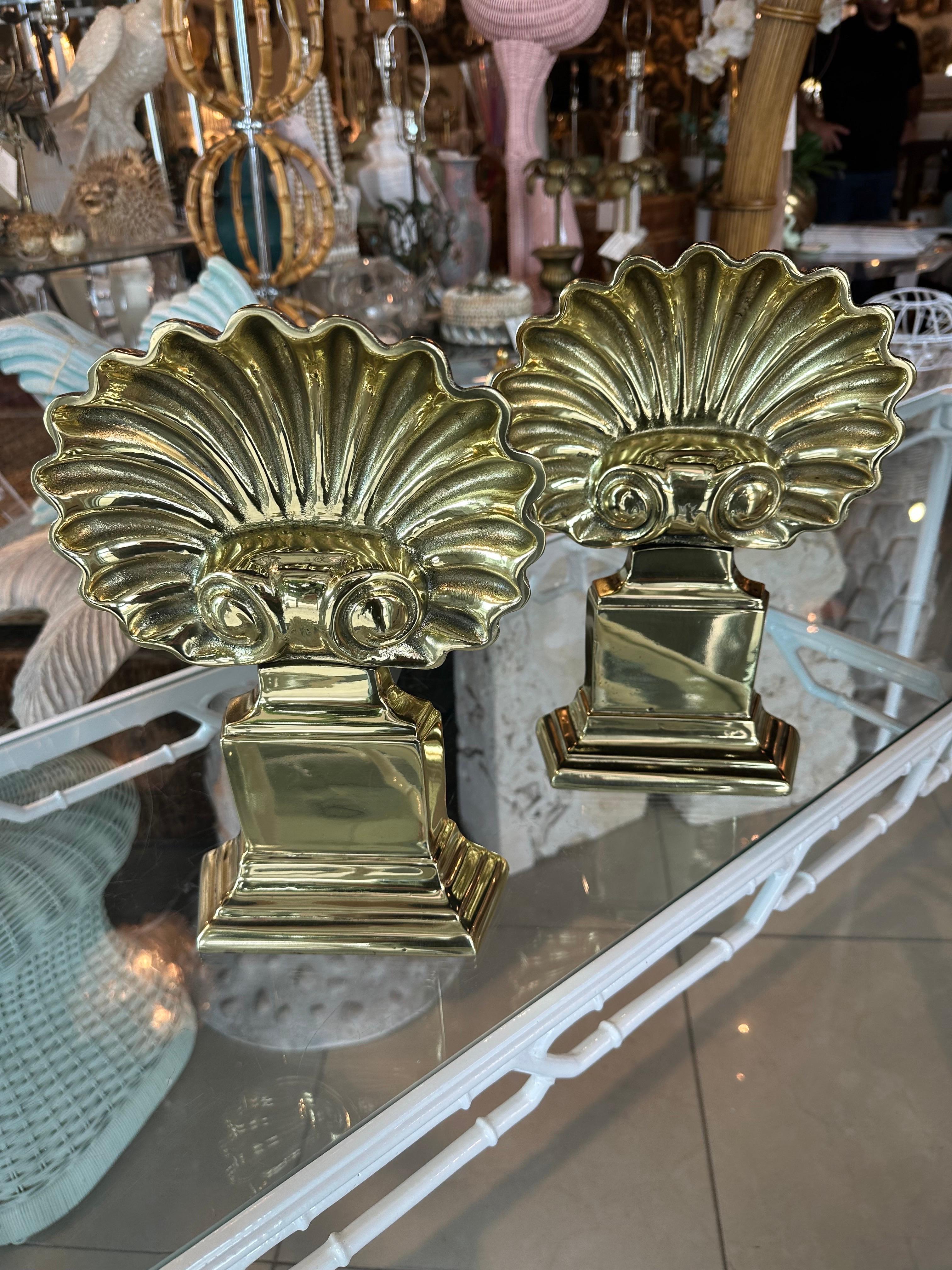 Polished Brass Pair Palm Beach Seashell Scalloped Shell Fireplace Andirons For Sale 5