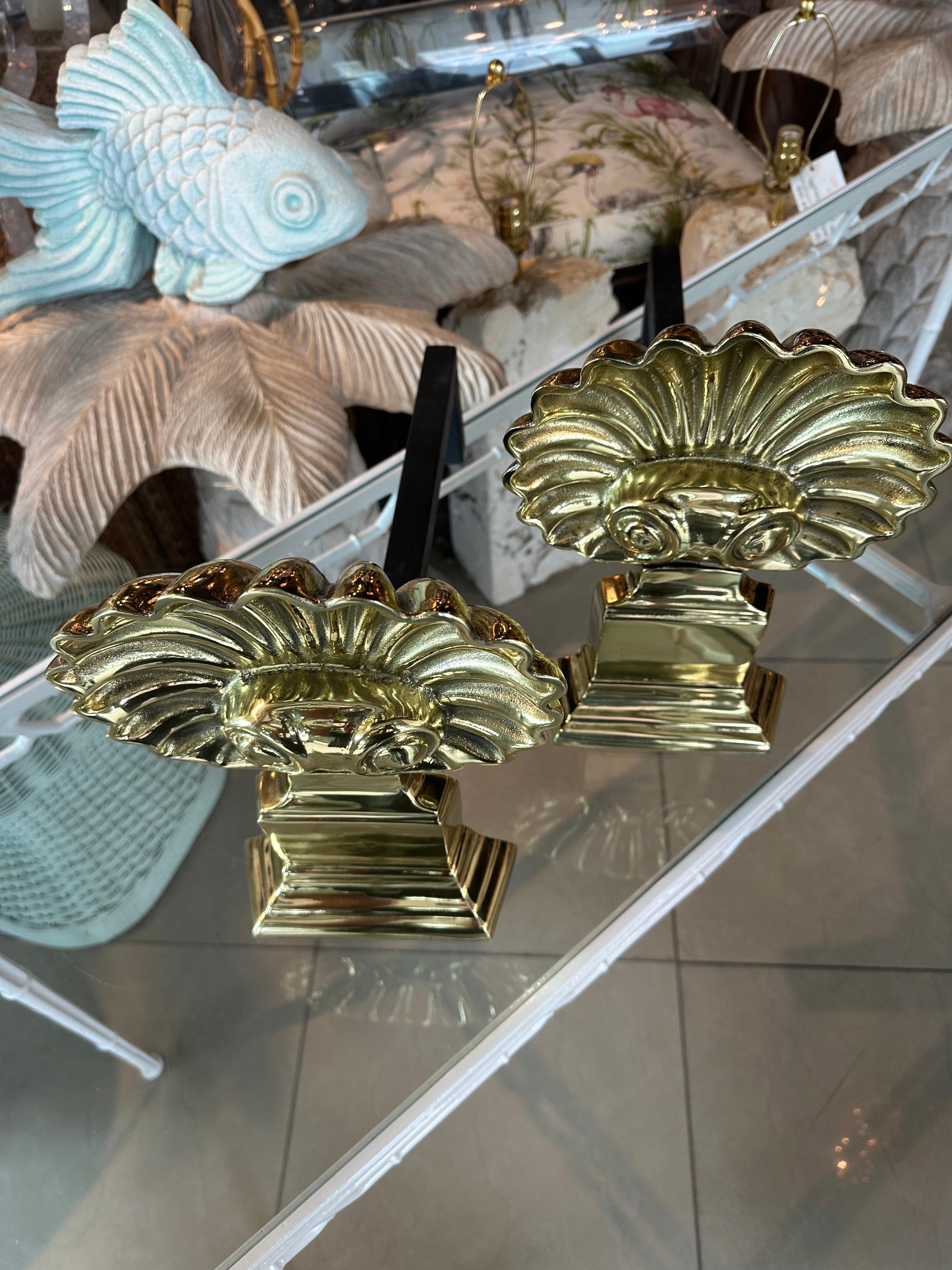 Polished Brass Pair Palm Beach Seashell Scalloped Shell Fireplace Andirons For Sale 6