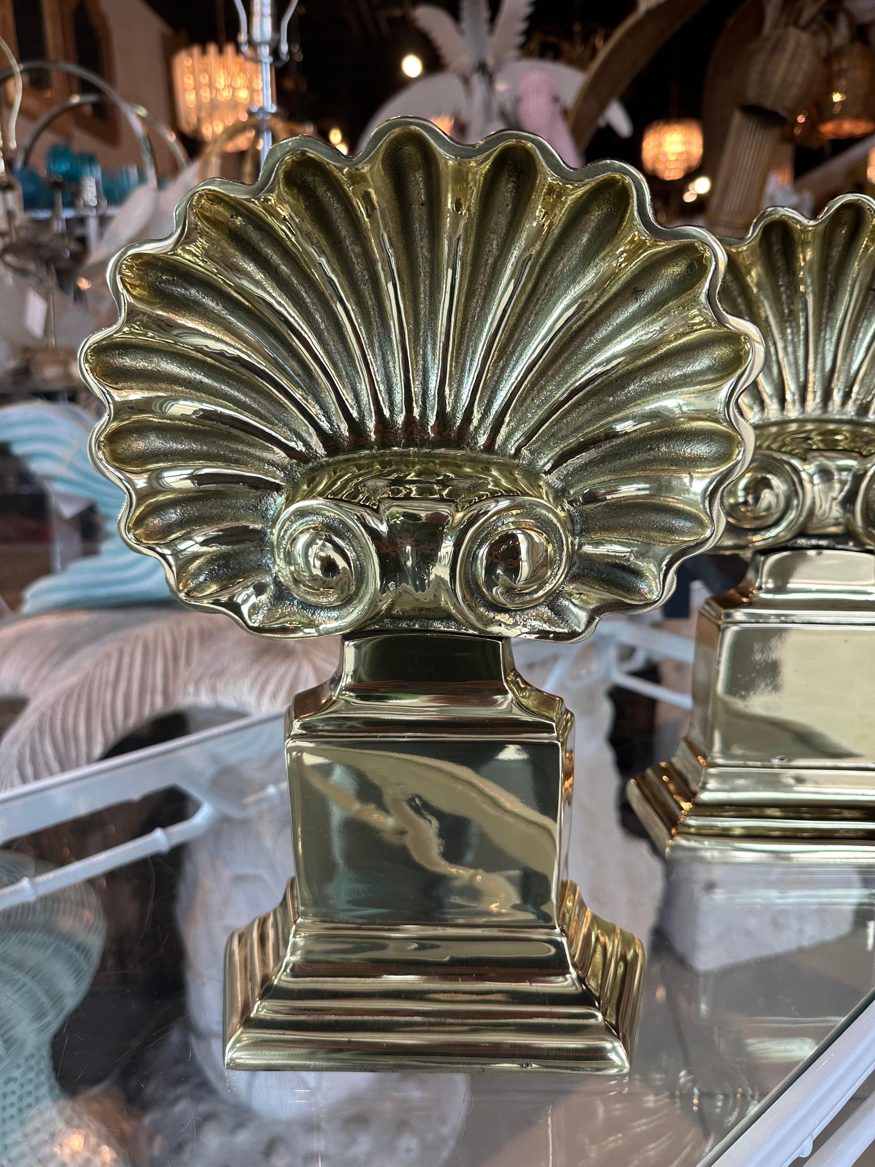 Polished Brass Pair Palm Beach Seashell Scalloped Shell Fireplace Andirons For Sale 7