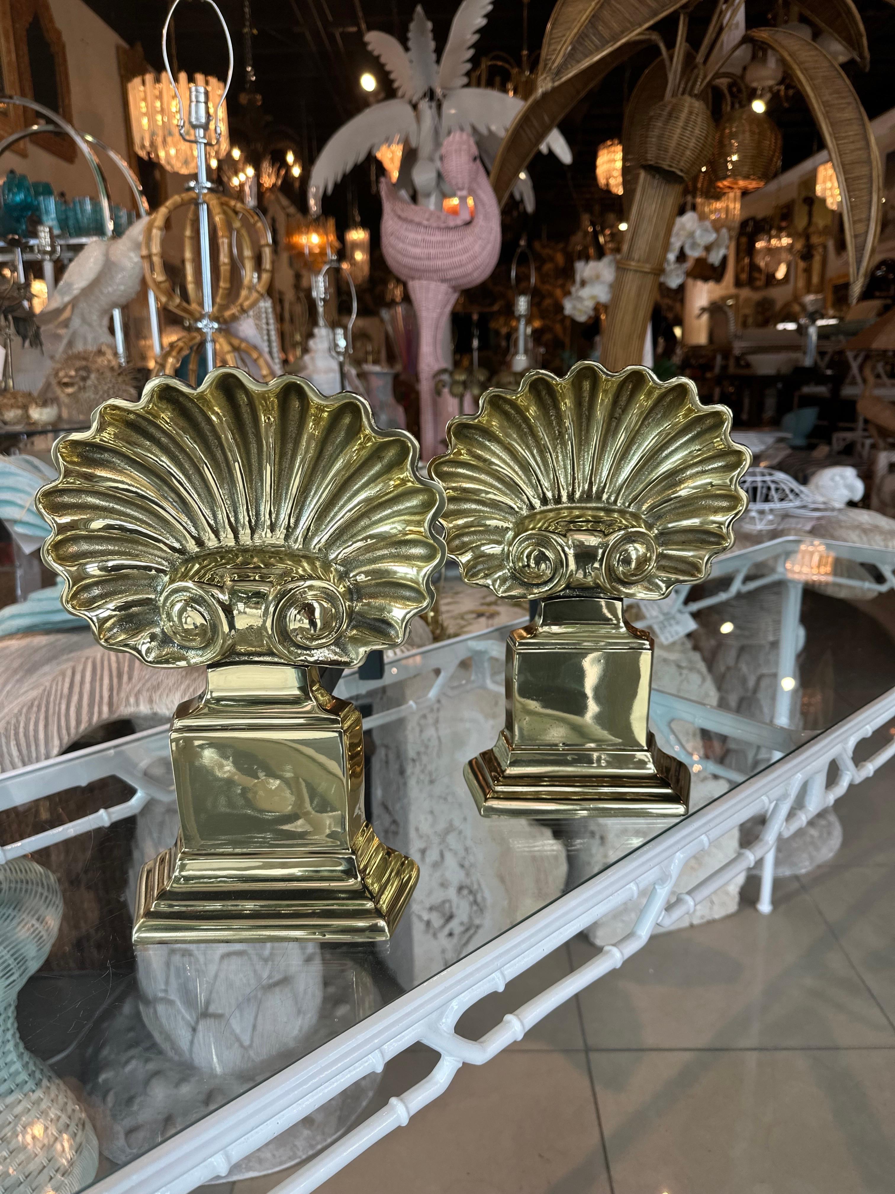Hollywood Regency Polished Brass Pair Palm Beach Seashell Scalloped Shell Fireplace Andirons For Sale