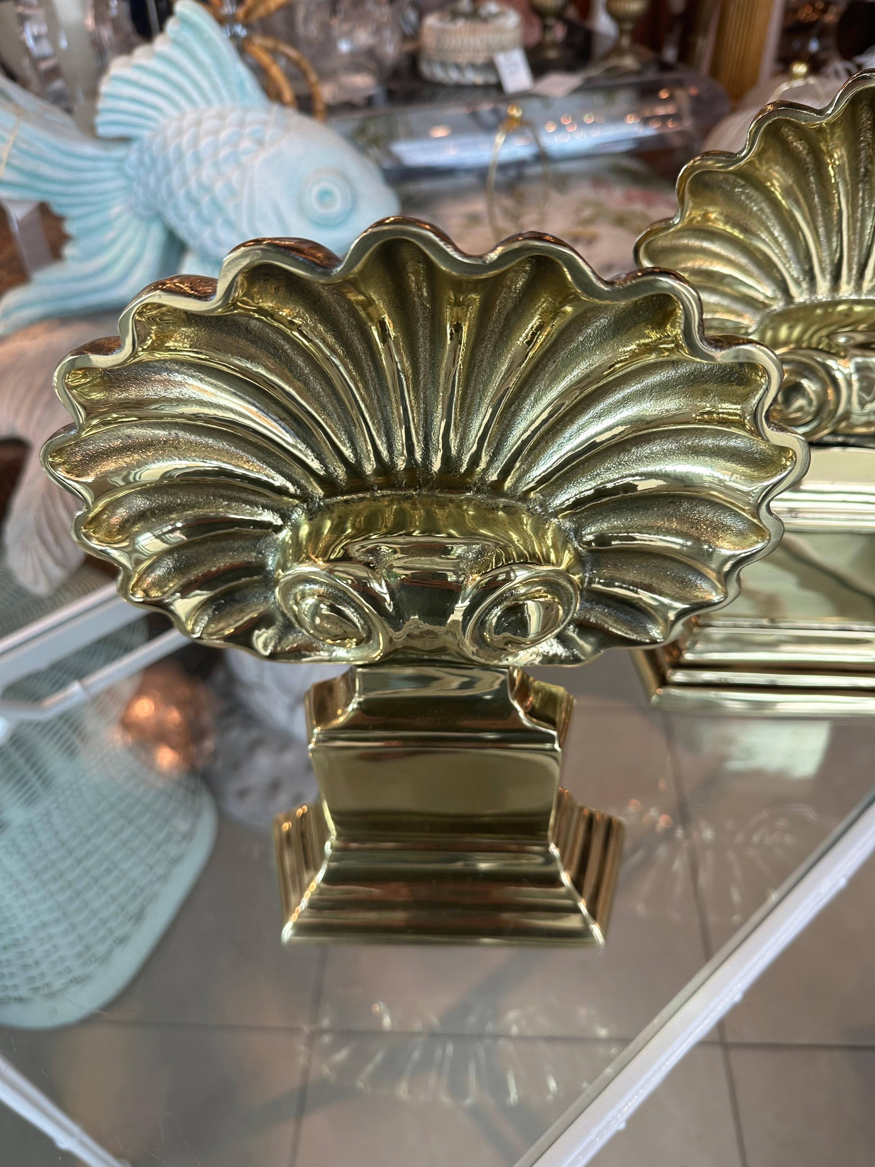 American Polished Brass Pair Palm Beach Seashell Scalloped Shell Fireplace Andirons For Sale