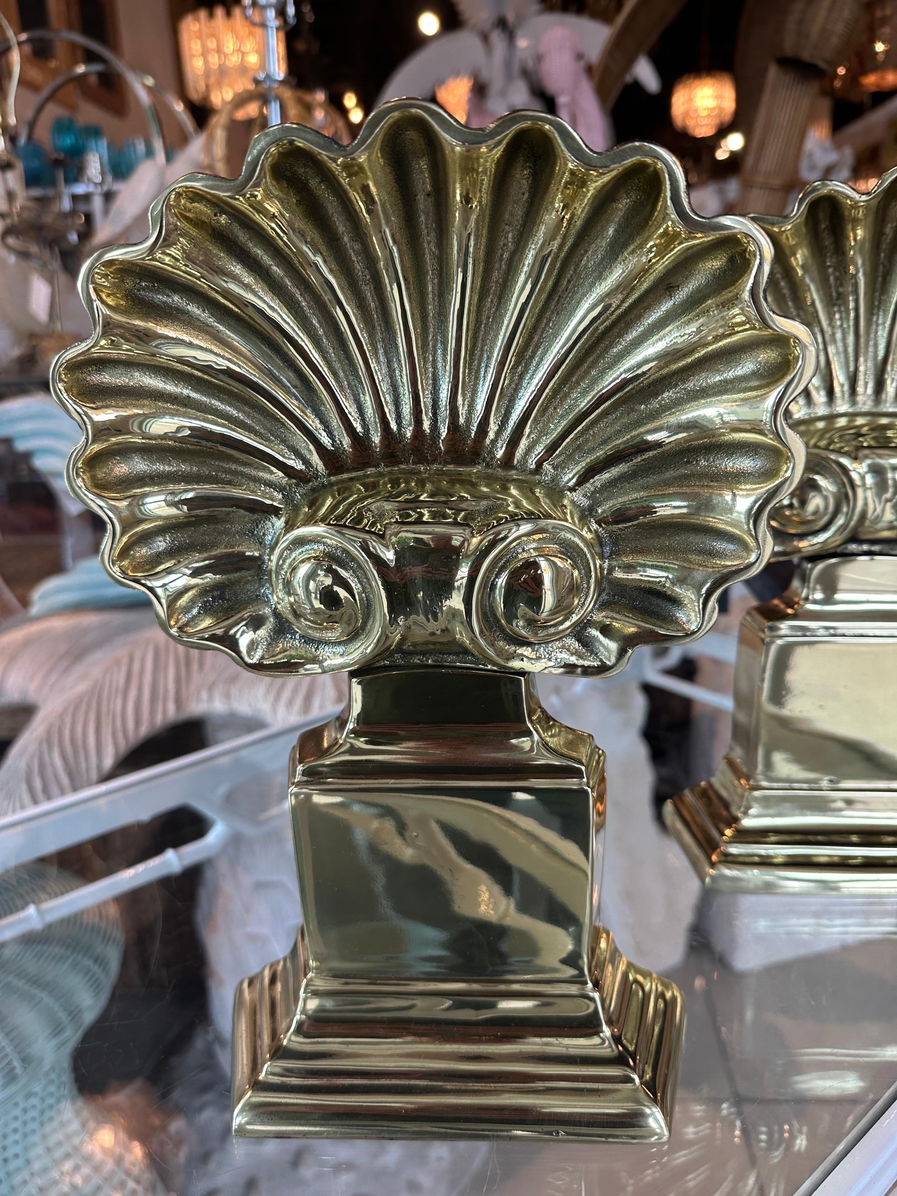 Polished Brass Pair Palm Beach Seashell Scalloped Shell Fireplace Andirons In Good Condition For Sale In West Palm Beach, FL