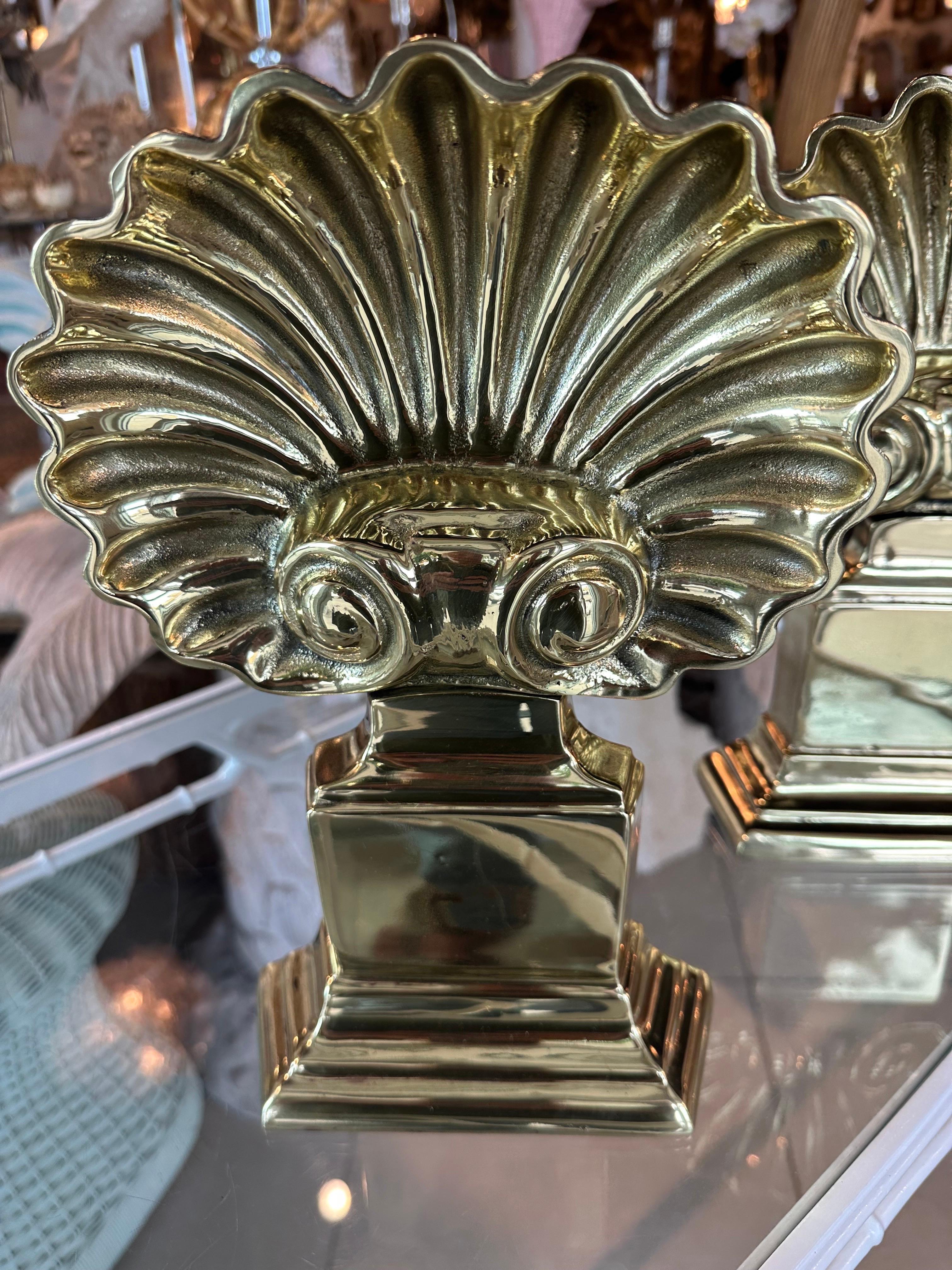 Mid-20th Century Polished Brass Pair Palm Beach Seashell Scalloped Shell Fireplace Andirons For Sale