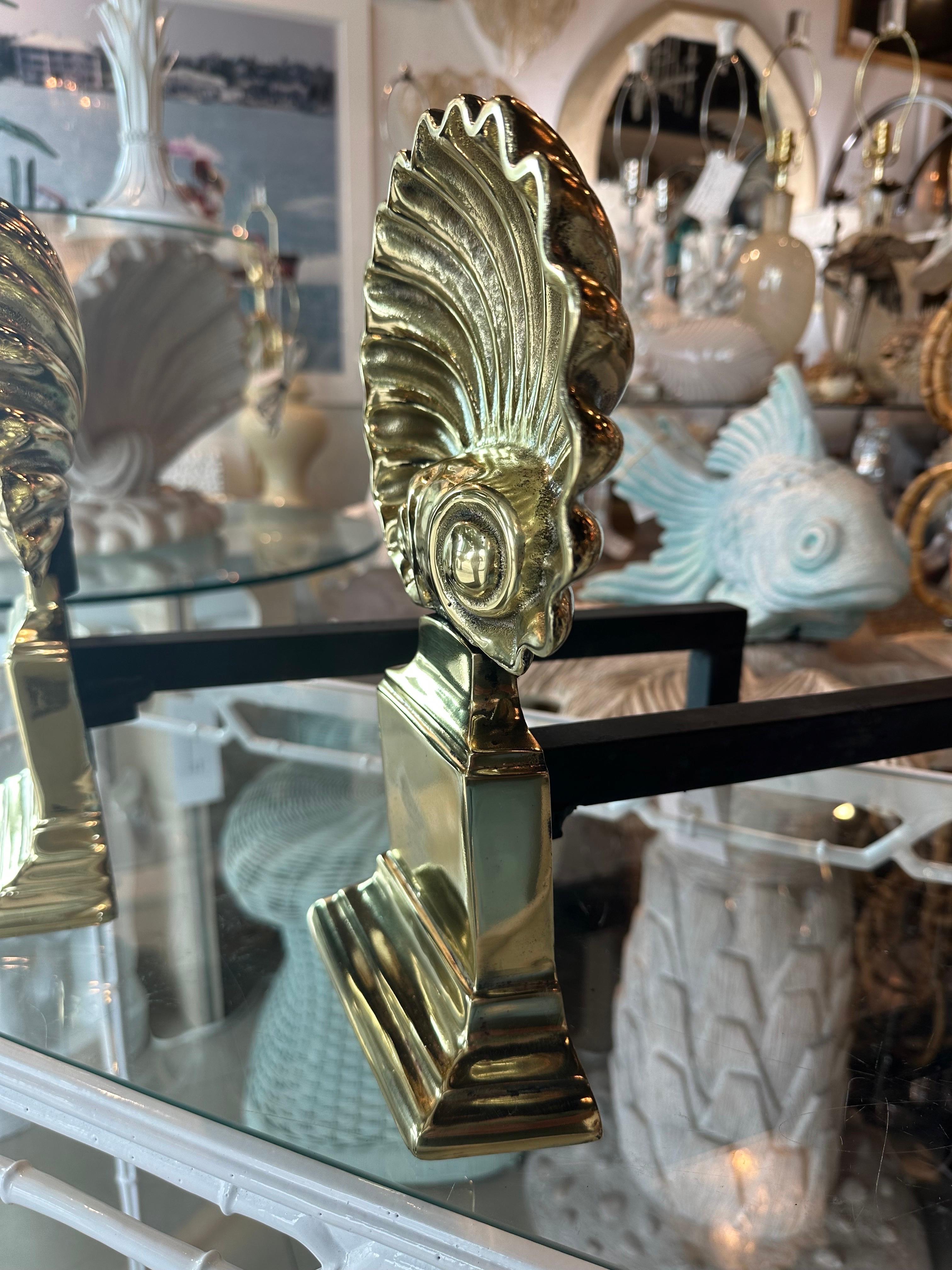 Polished Brass Pair Palm Beach Seashell Scalloped Shell Fireplace Andirons For Sale 1