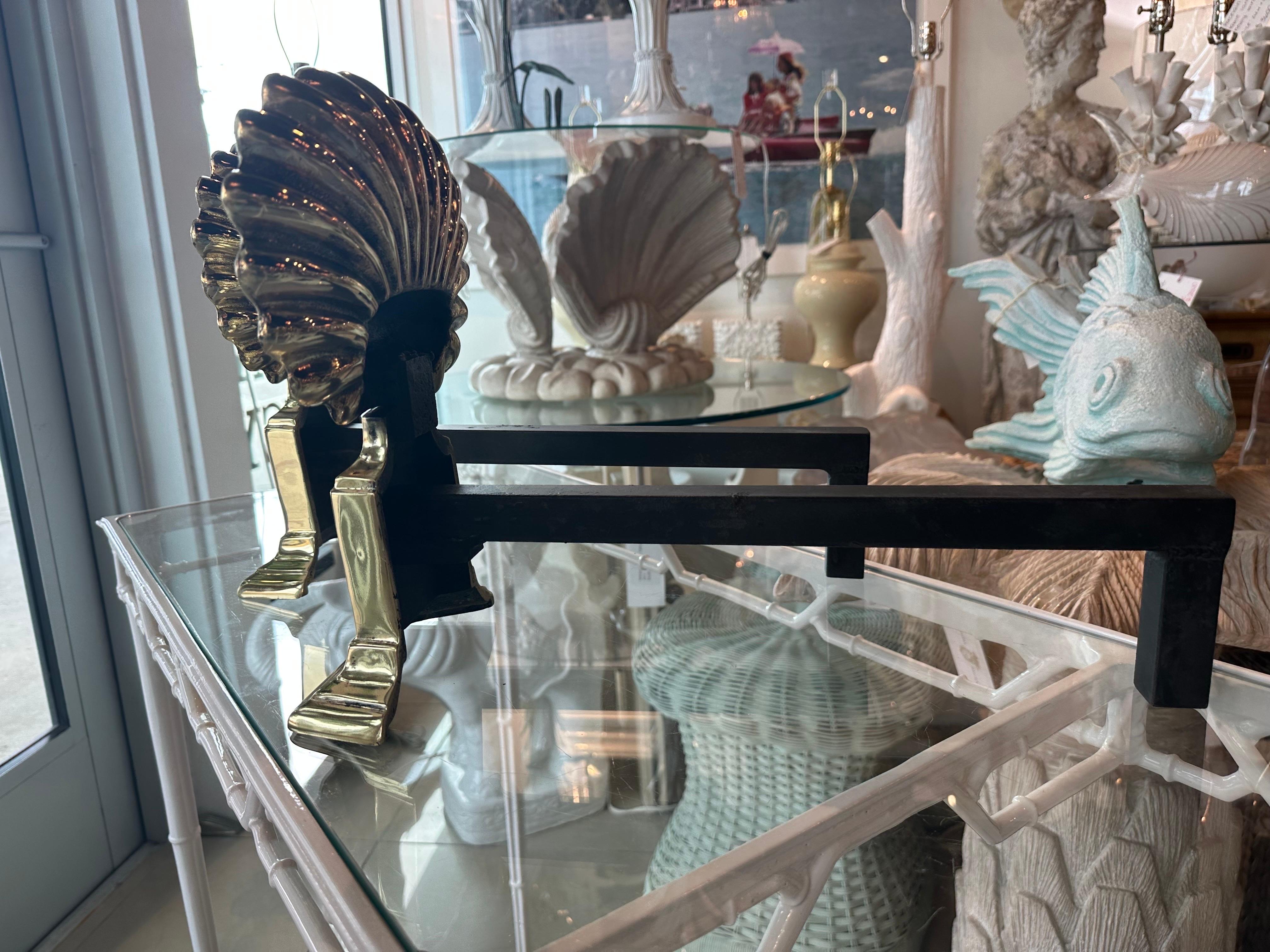 Polished Brass Pair Palm Beach Seashell Scalloped Shell Fireplace Andirons For Sale 2