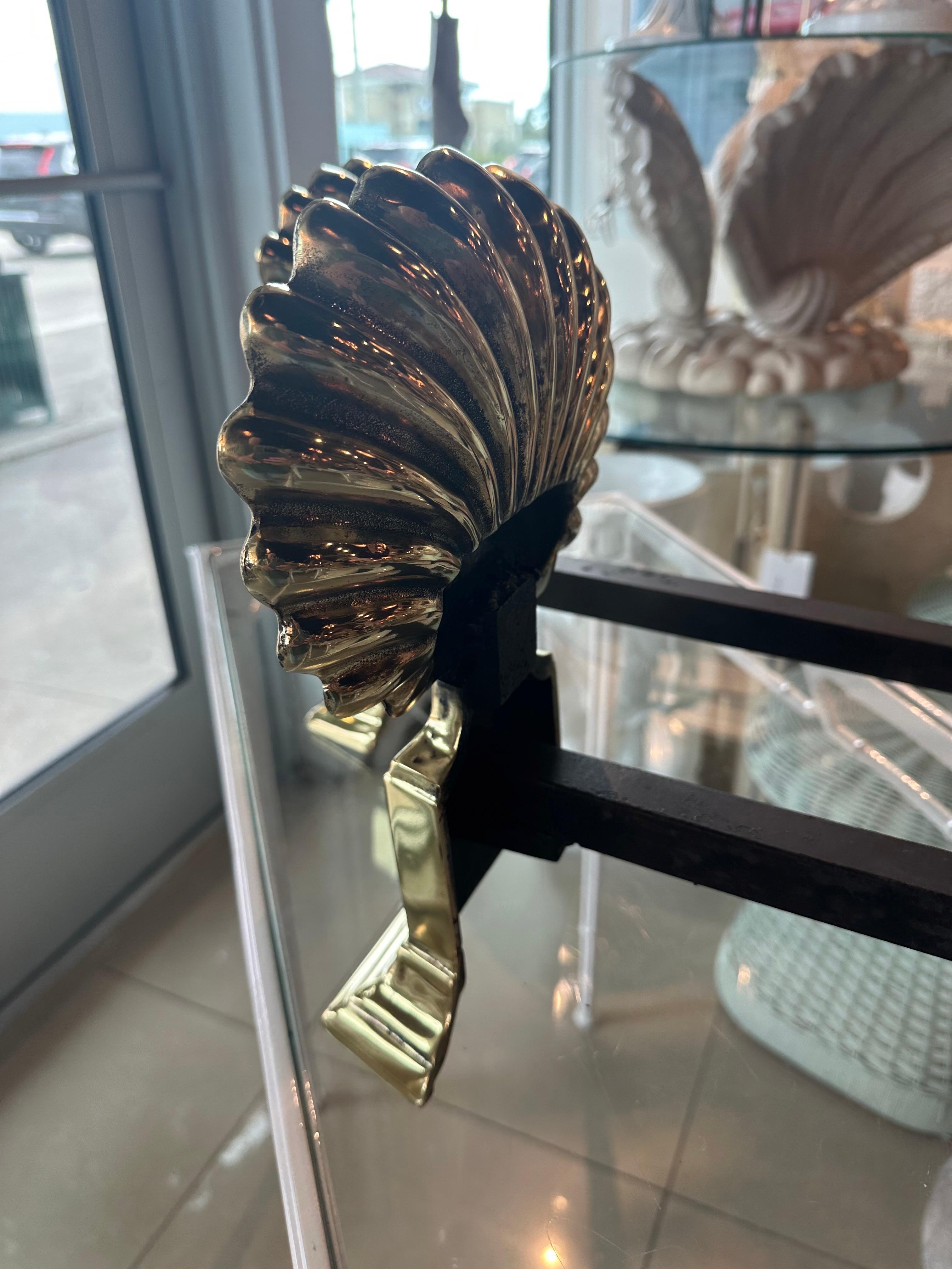 Polished Brass Pair Palm Beach Seashell Scalloped Shell Fireplace Andirons For Sale 3