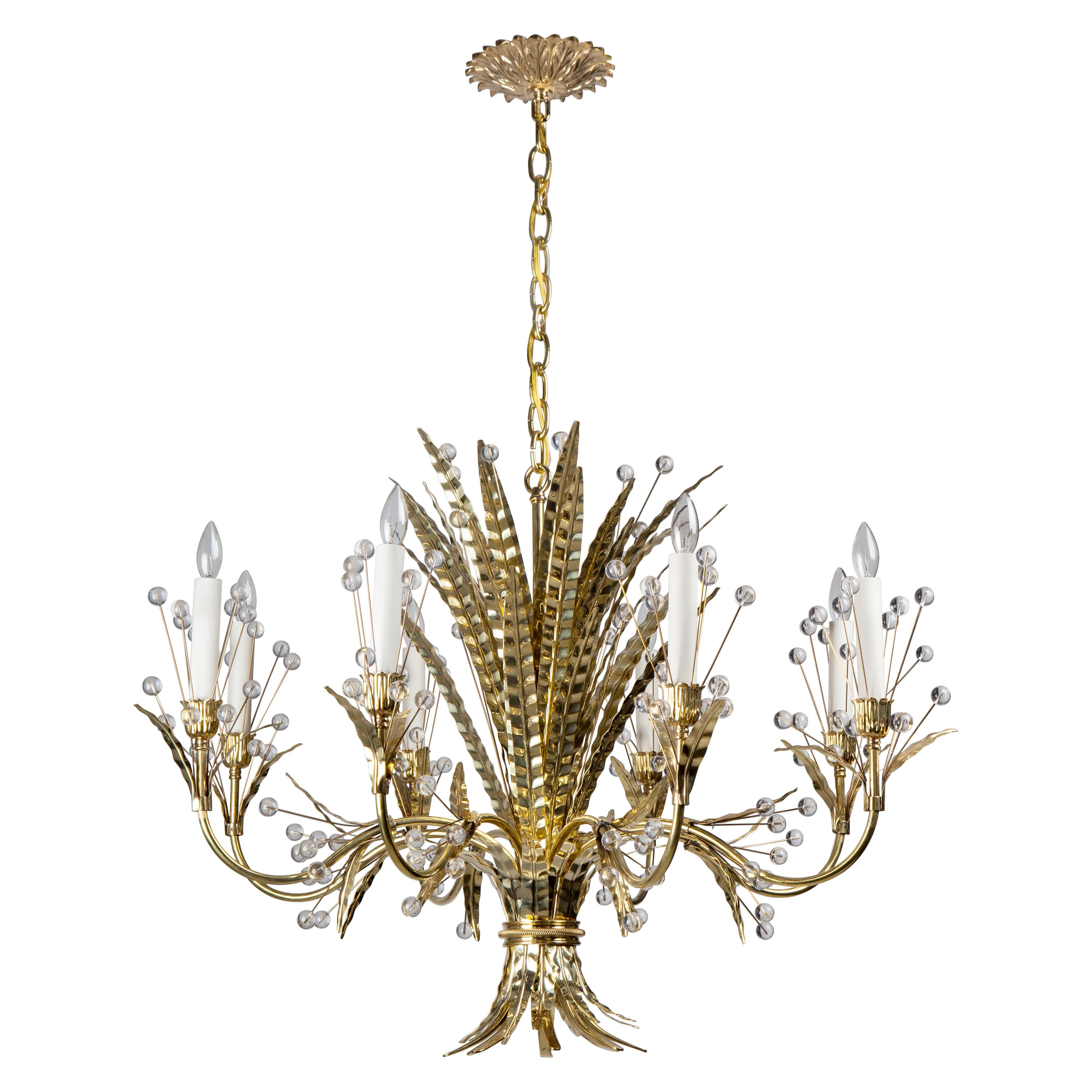 Polished Brass Plume 8 Chandelier Designed by Tony Duquette for Remains Lighting