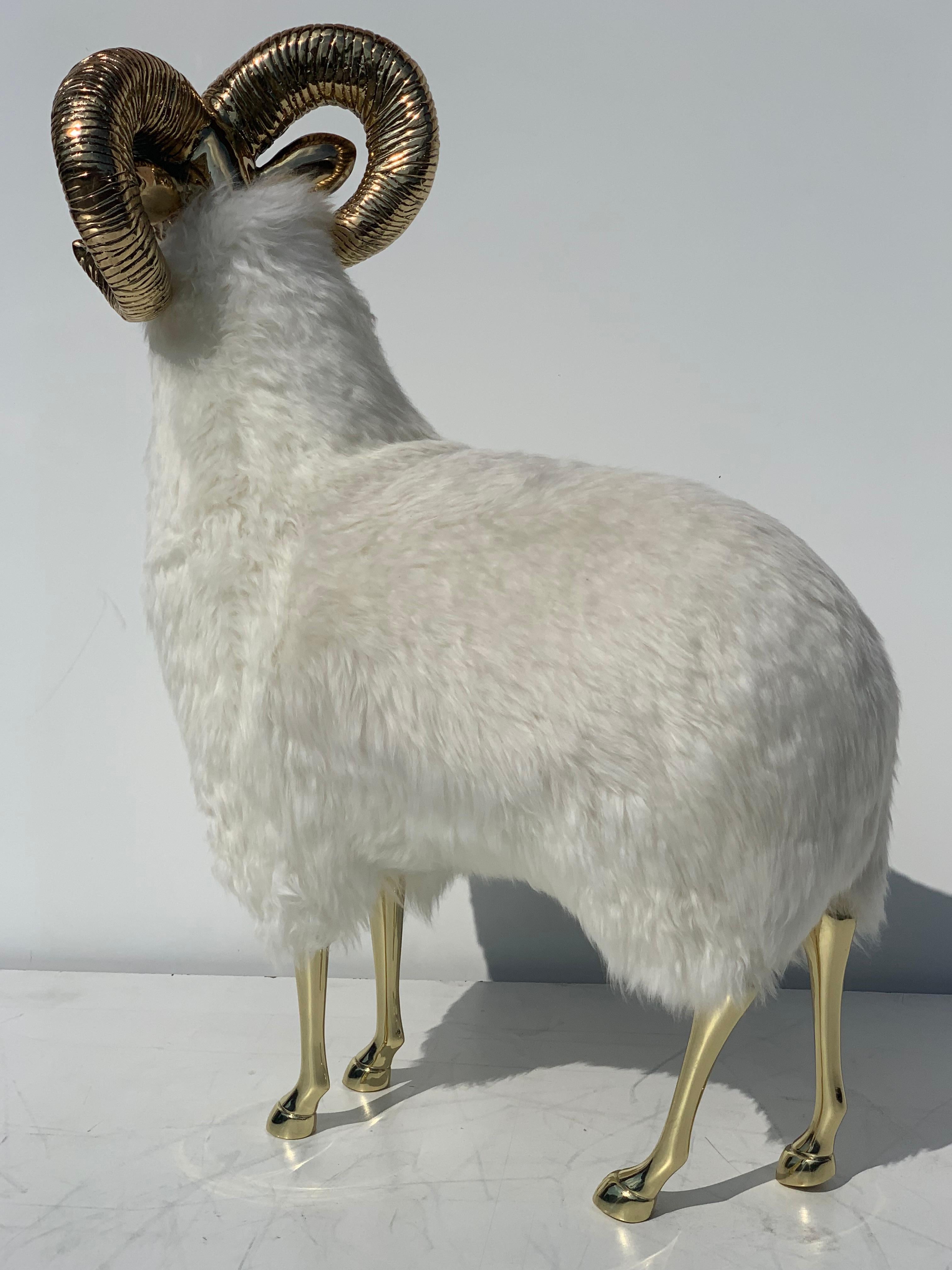 Polished Brass ram or mountain sheep sculpture. Solid brass head is vintage from 1970's and been newly polished. Body is newly made of wood and covered in real sheep fur.

   