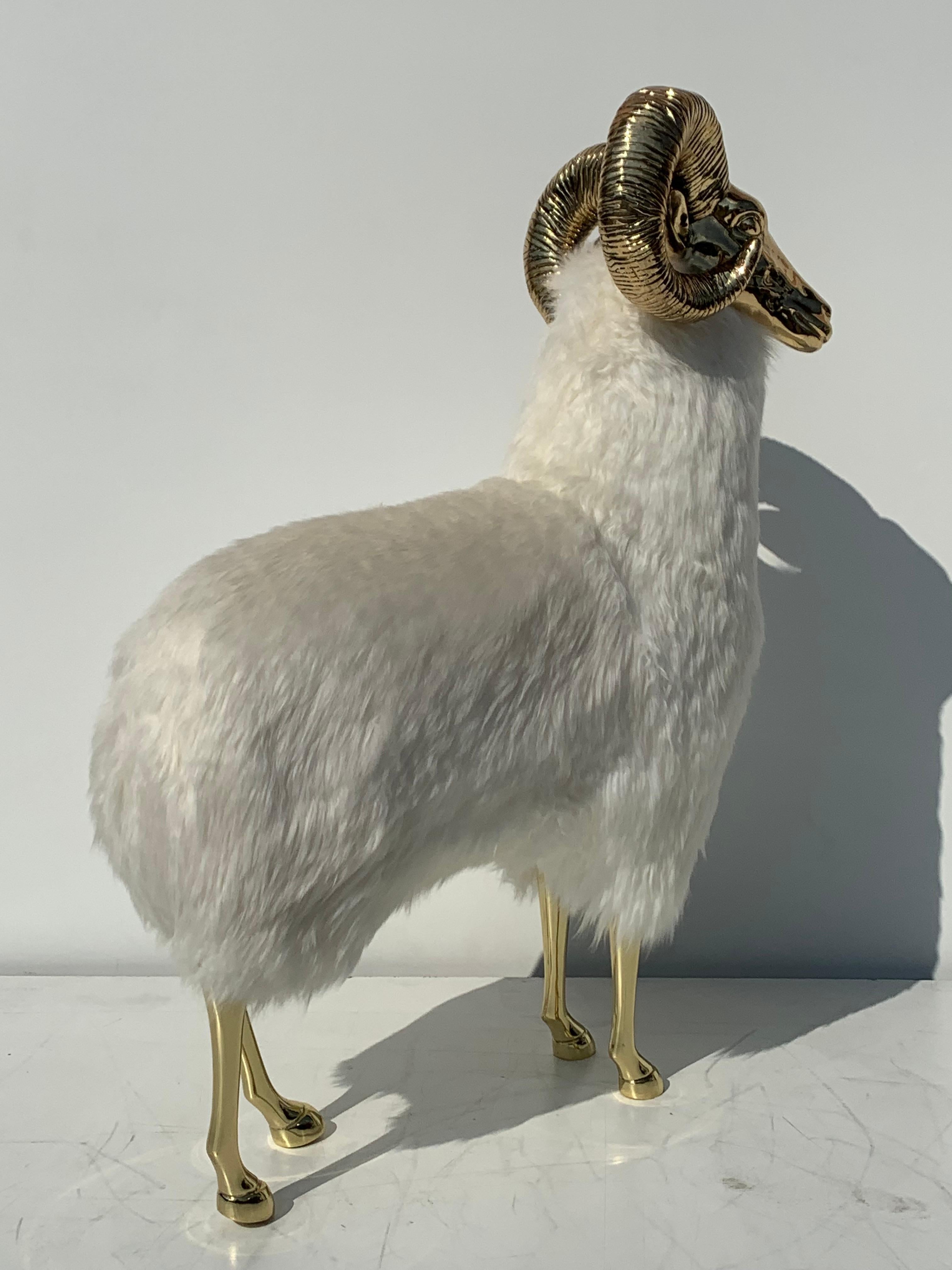 Hollywood Regency Polished Brass Ram or Sheep Sculpture