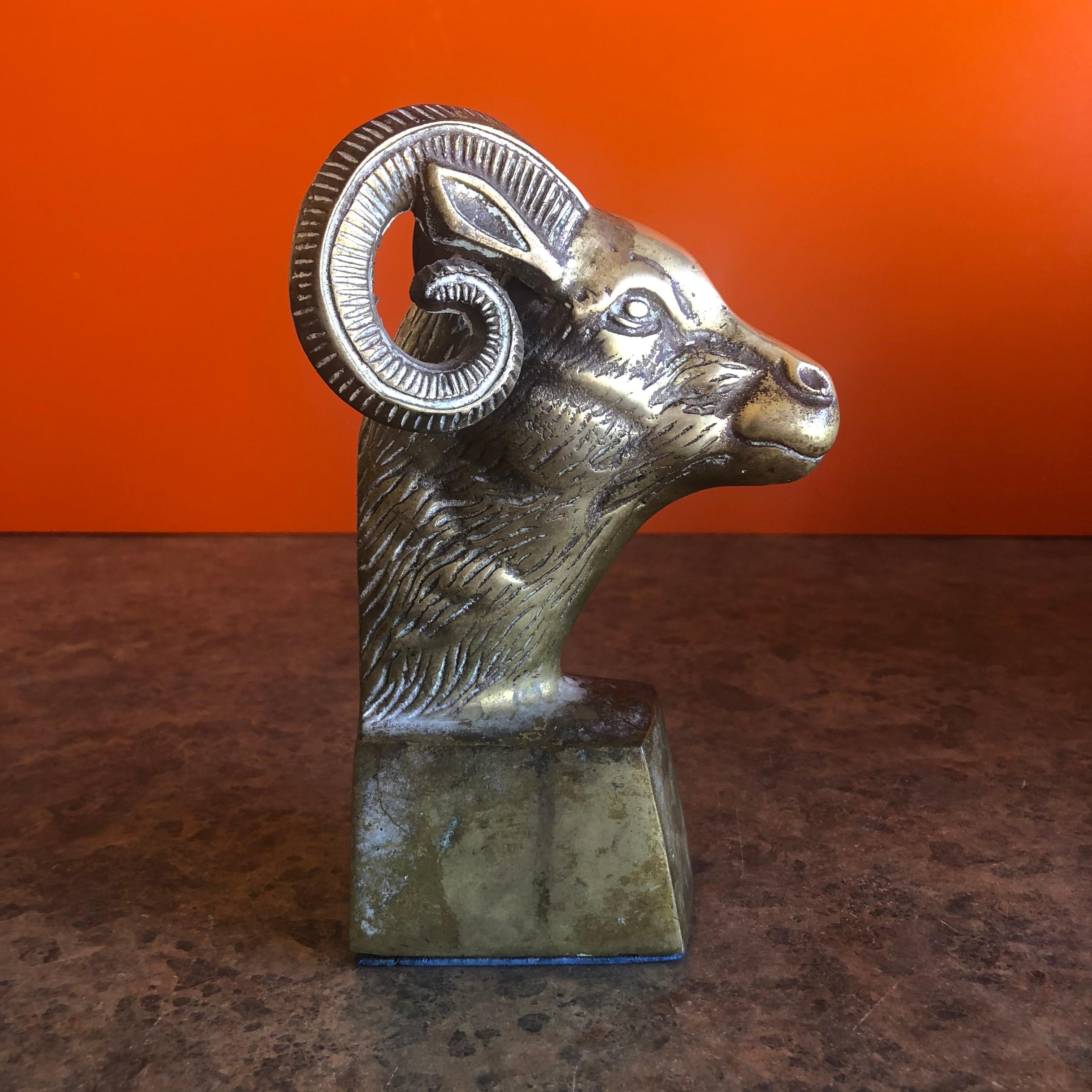 Hollywood Regency Polished Brass Ram's Head Bookend / Sculpture