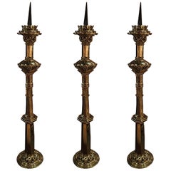 Antique Polished Brass Set of Three Tall Torchere, Candlestick or Prickets, 19th Century