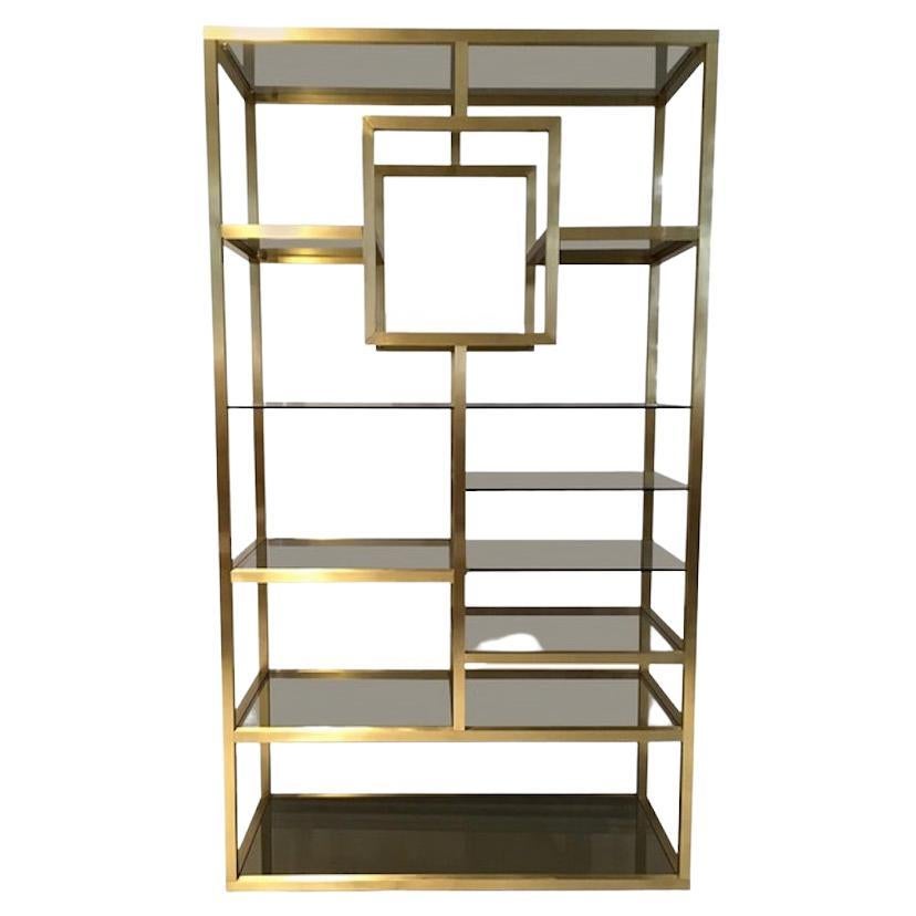 Pair of Triangular Brass and Glass 1970's Shelving Units For Sale at