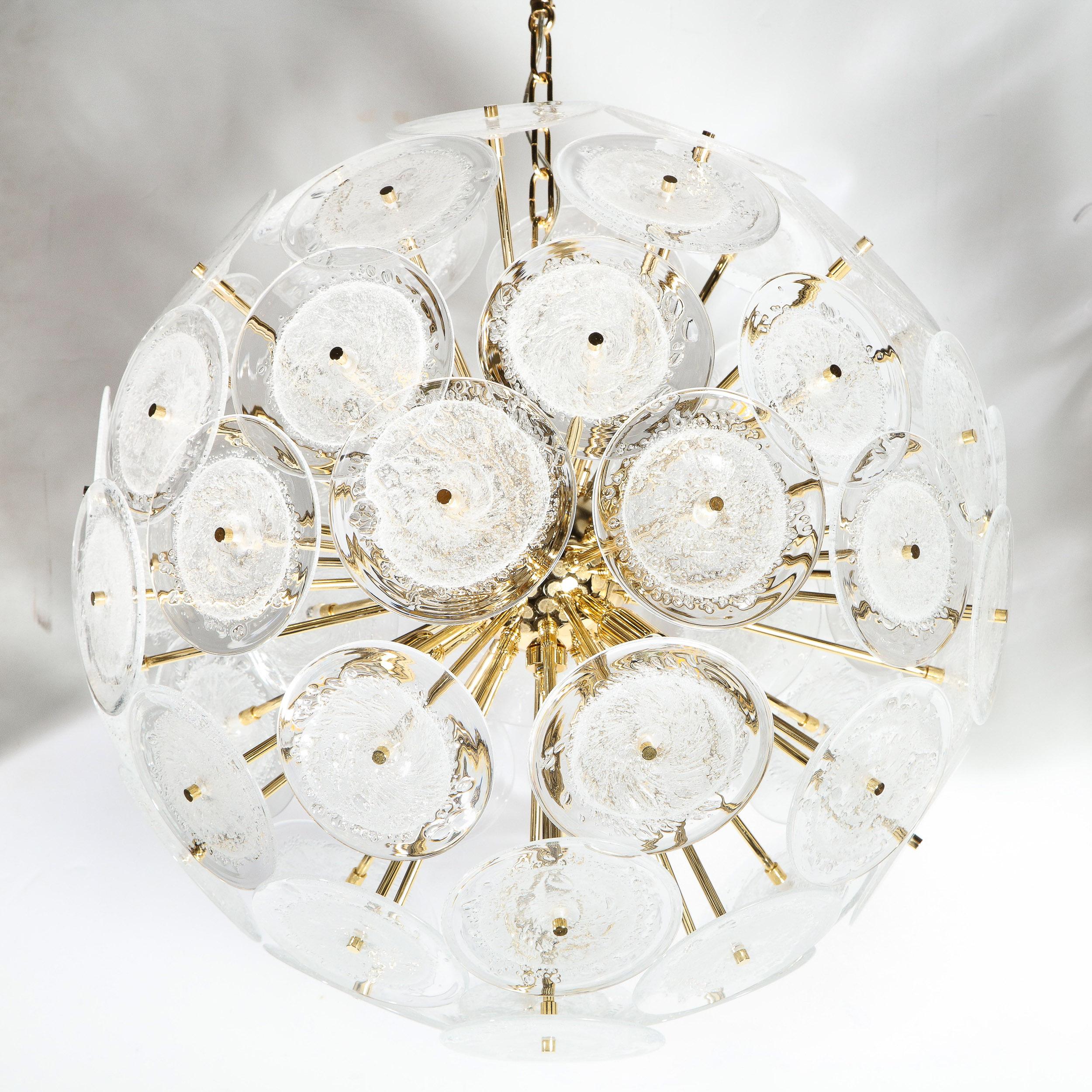 Polished Brass Sputnik Chandelier with Hand Blown Translucent Murano Glass Discs For Sale 3