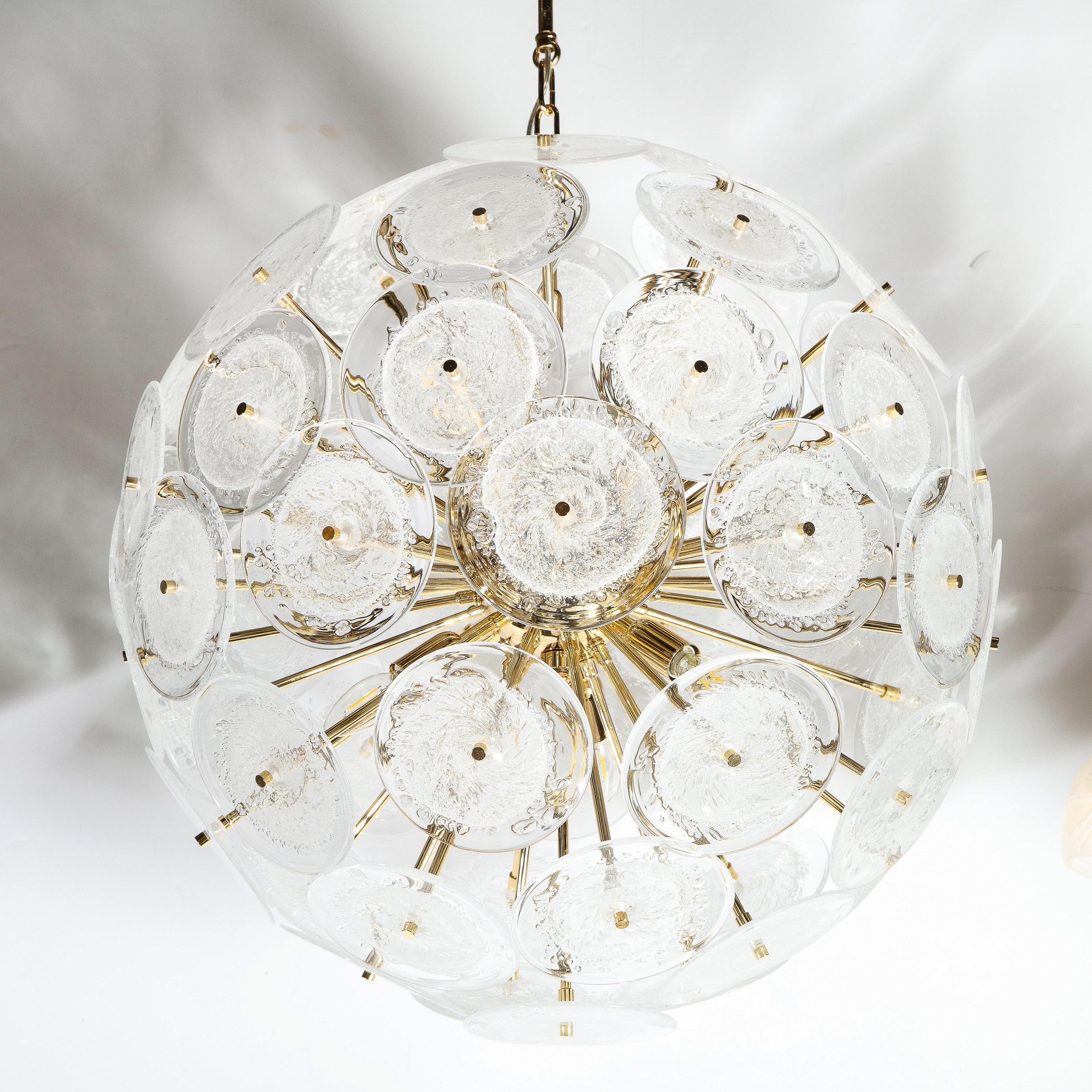 Polished Brass Sputnik Chandelier with Hand Blown Translucent Murano Glass Discs For Sale 5