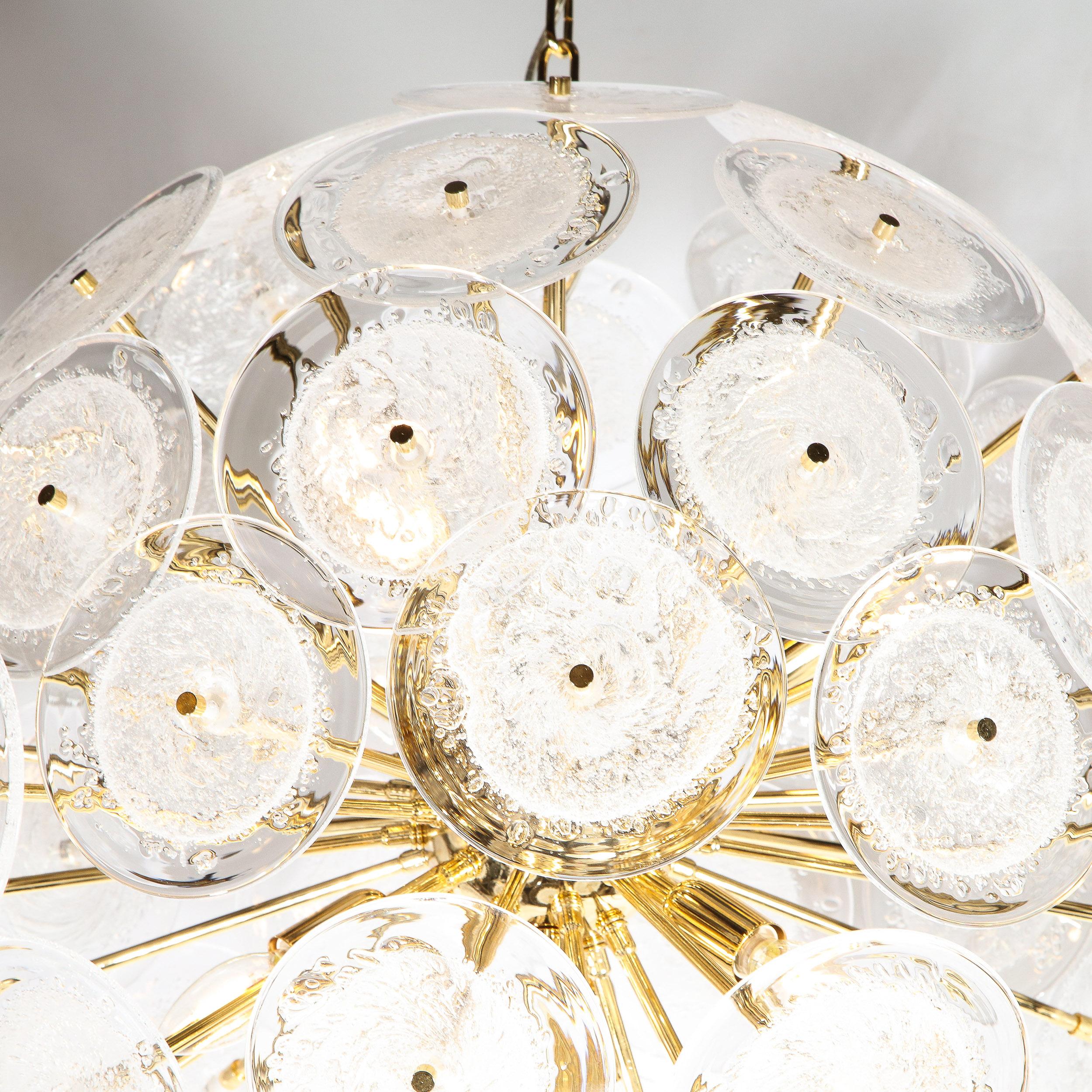 Modern Polished Brass Sputnik Chandelier with Hand Blown Translucent Murano Glass Discs For Sale