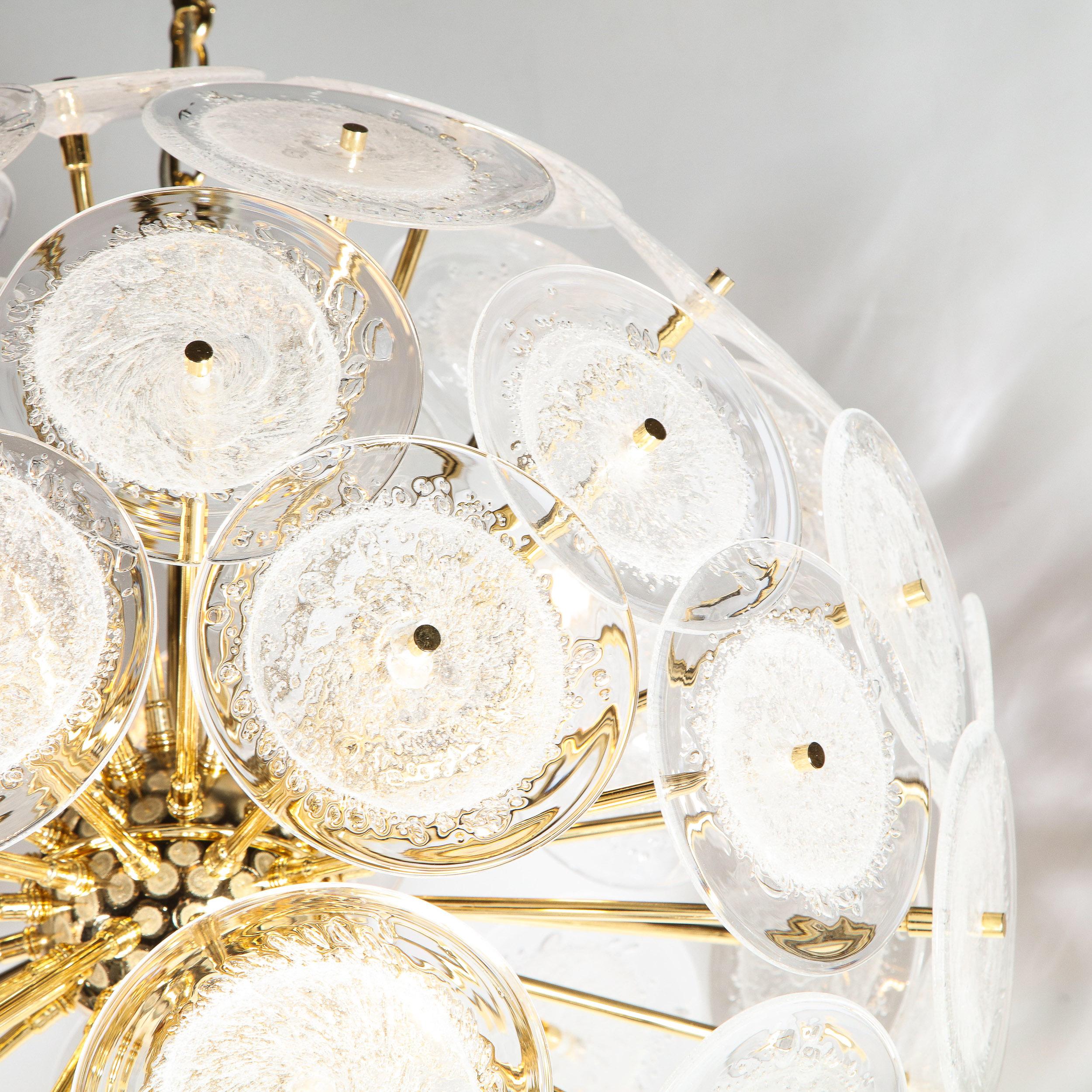 Italian Polished Brass Sputnik Chandelier with Hand Blown Translucent Murano Glass Discs For Sale