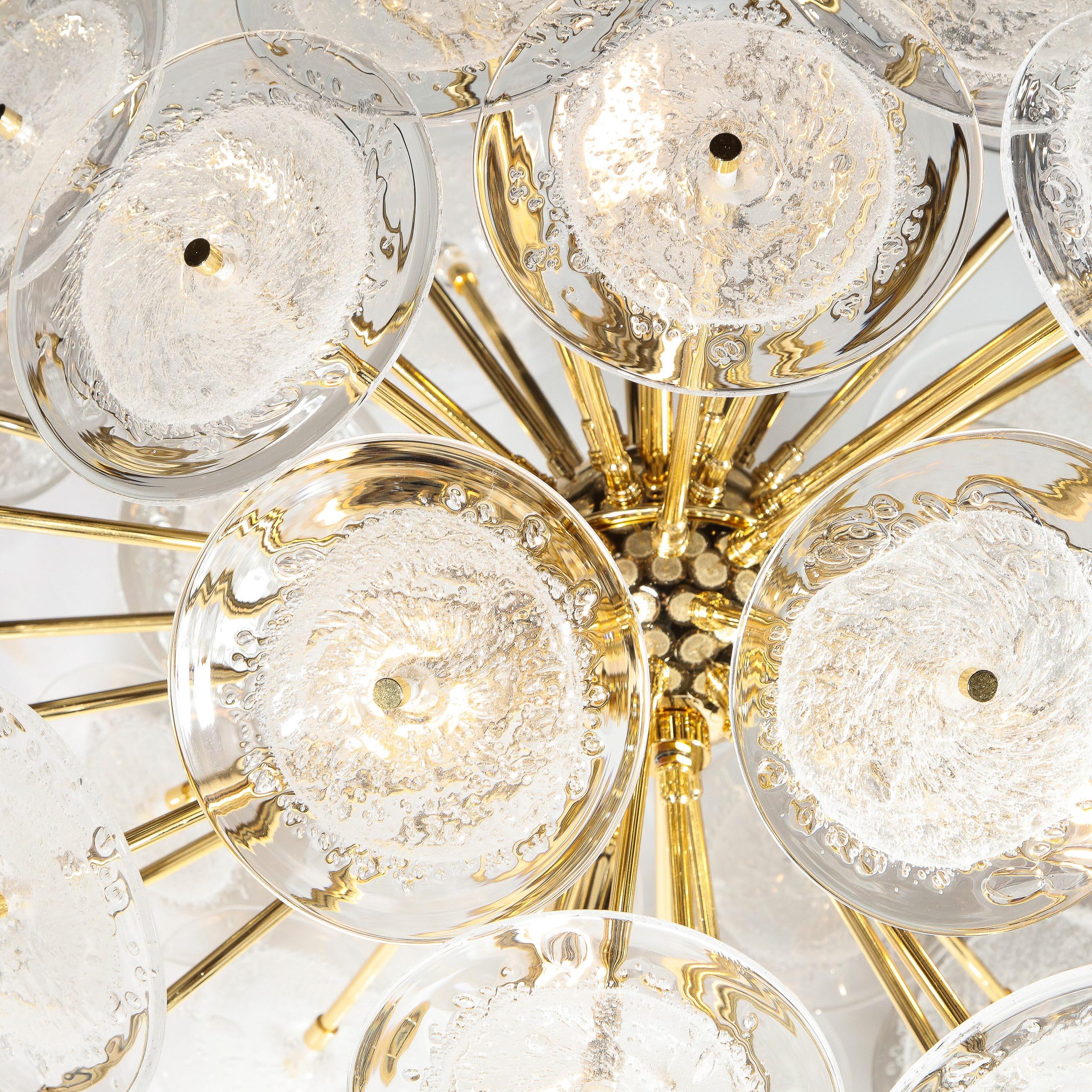 Contemporary Polished Brass Sputnik Chandelier with Hand Blown Translucent Murano Glass Discs For Sale