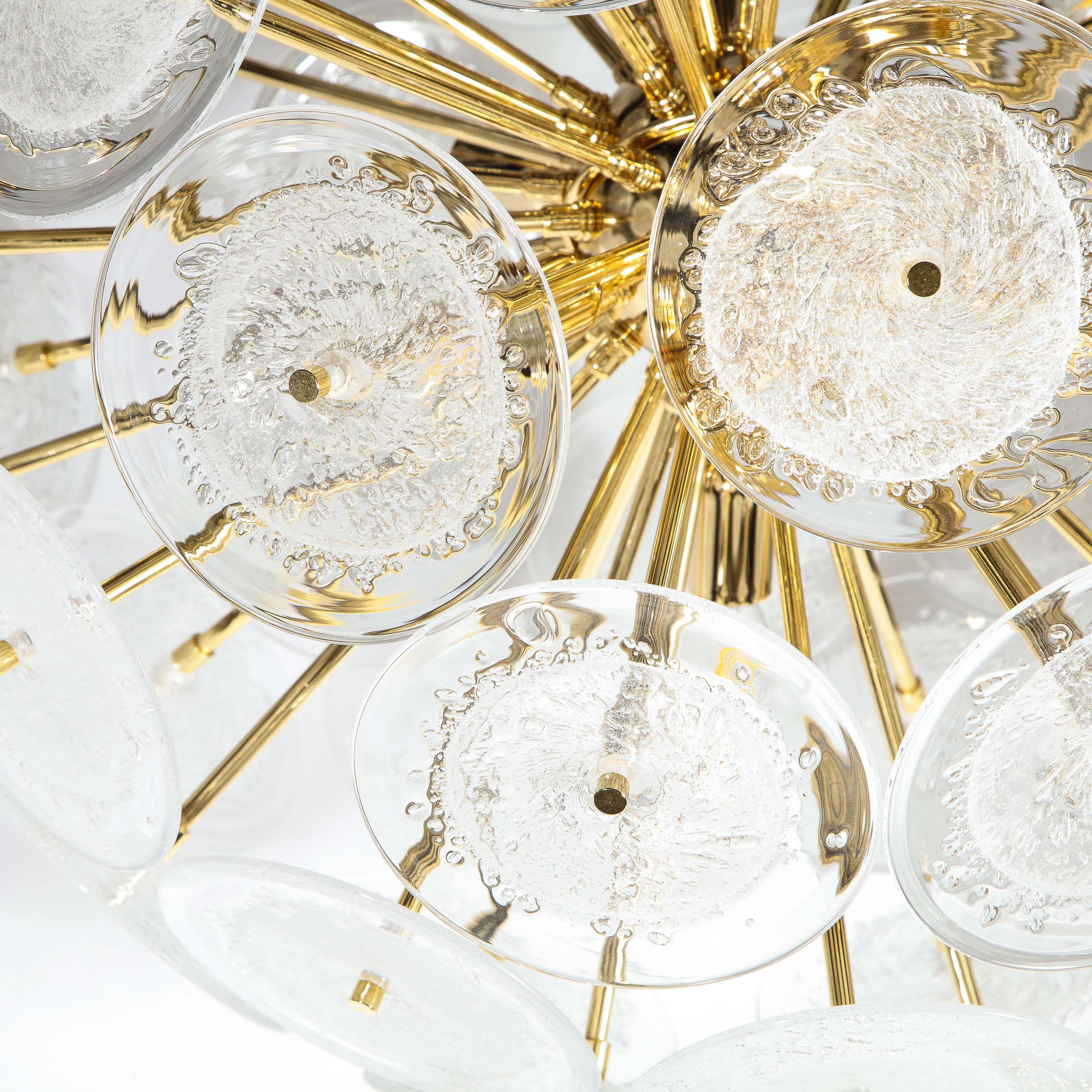 Polished Brass Sputnik Chandelier with Hand Blown Translucent Murano Glass Discs For Sale 1