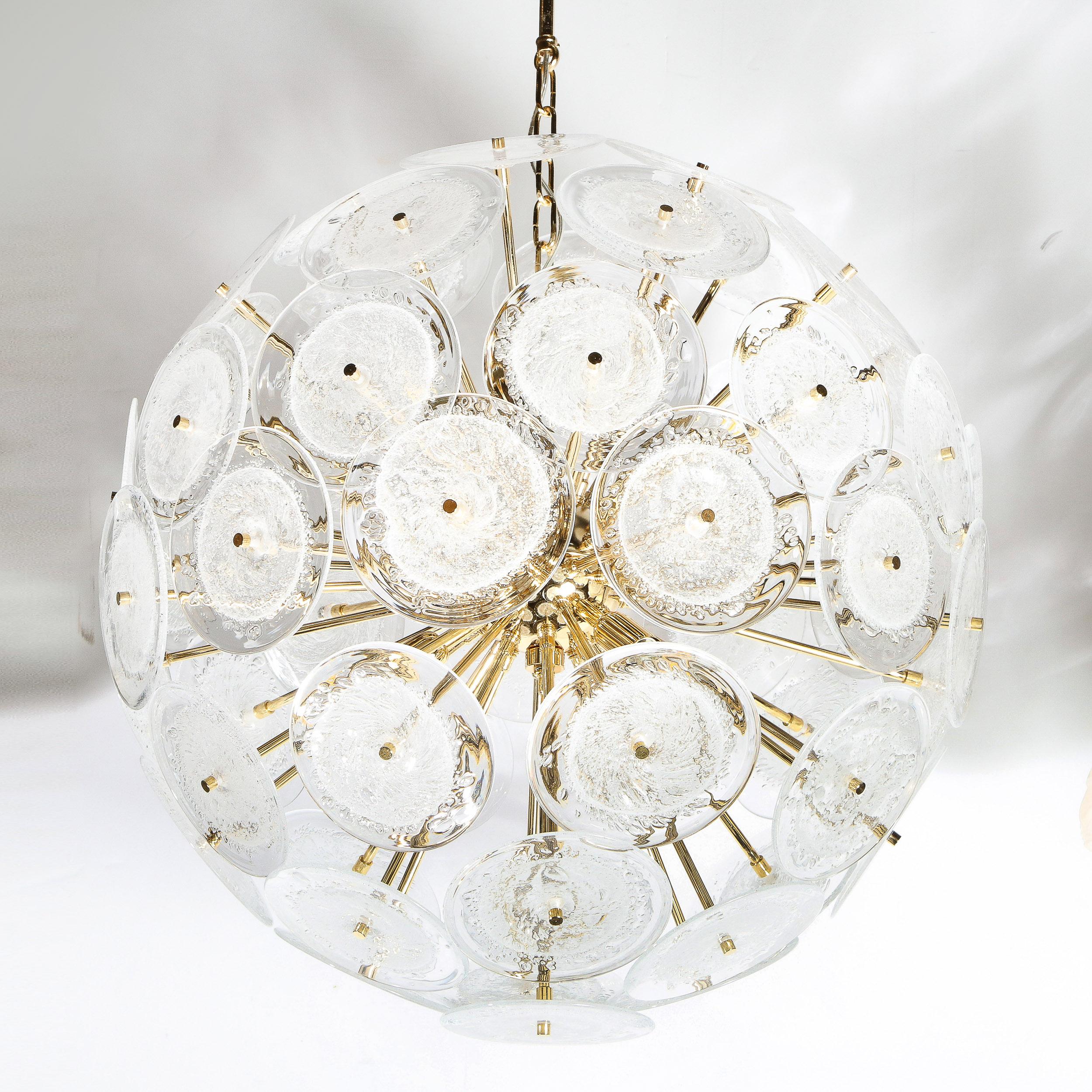 Polished Brass Sputnik Chandelier with Hand Blown Translucent Murano Glass Discs For Sale 2