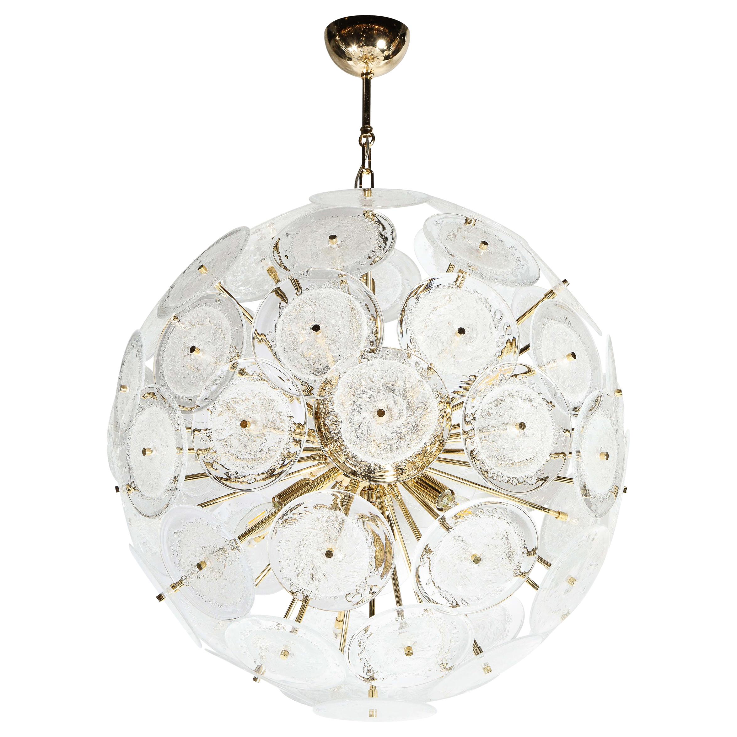 Polished Brass Sputnik Chandelier with Hand Blown Translucent Murano Glass Discs For Sale