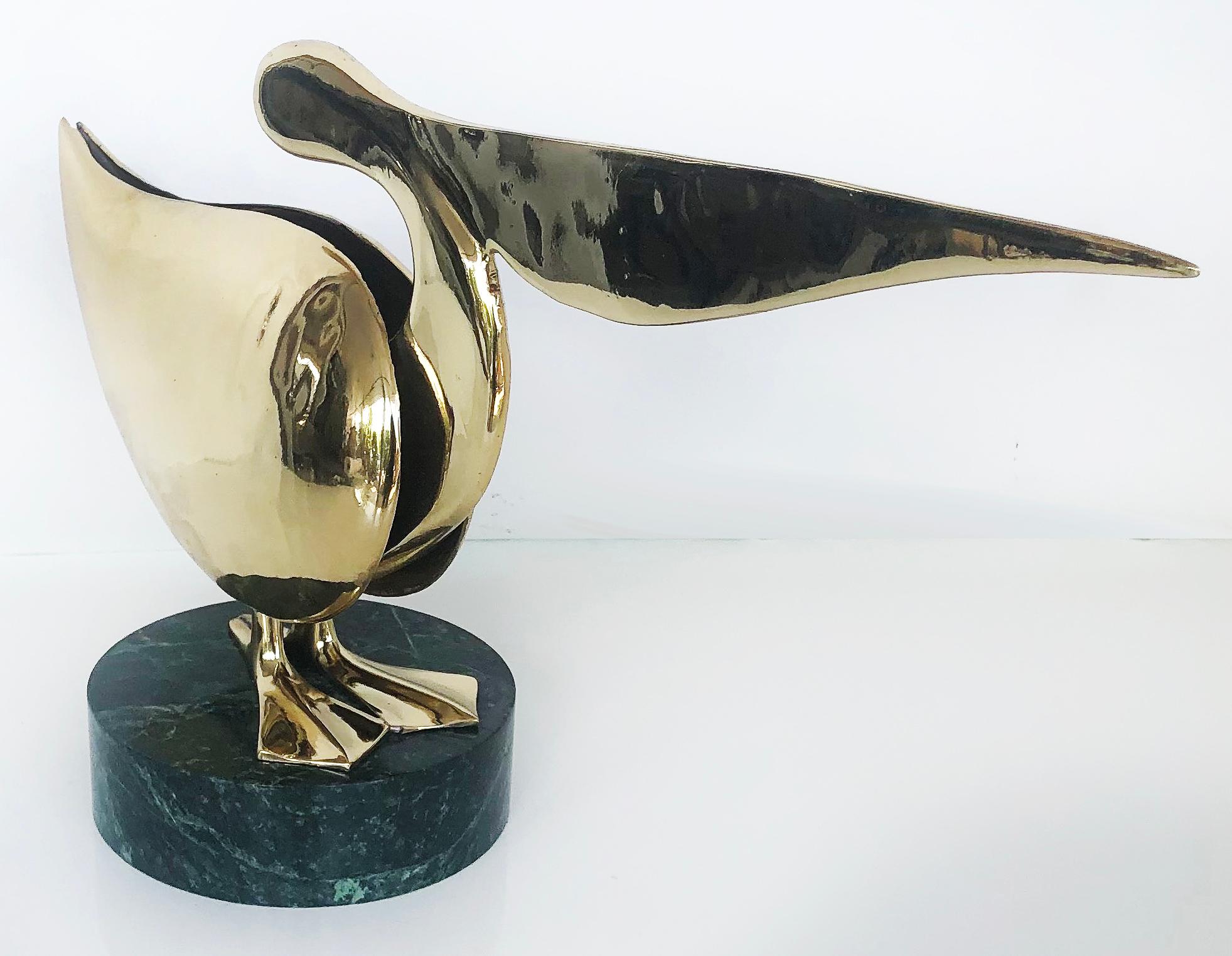 Mid-Century Modern Polished Brass Stylized Pelican Sculpture on Marble Base For Sale
