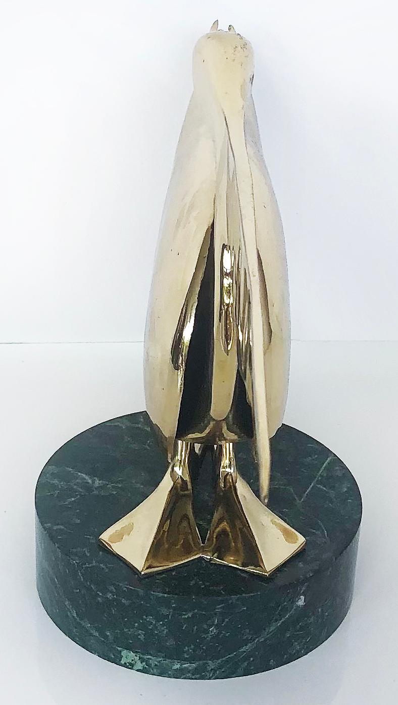 American Polished Brass Stylized Pelican Sculpture on Marble Base For Sale