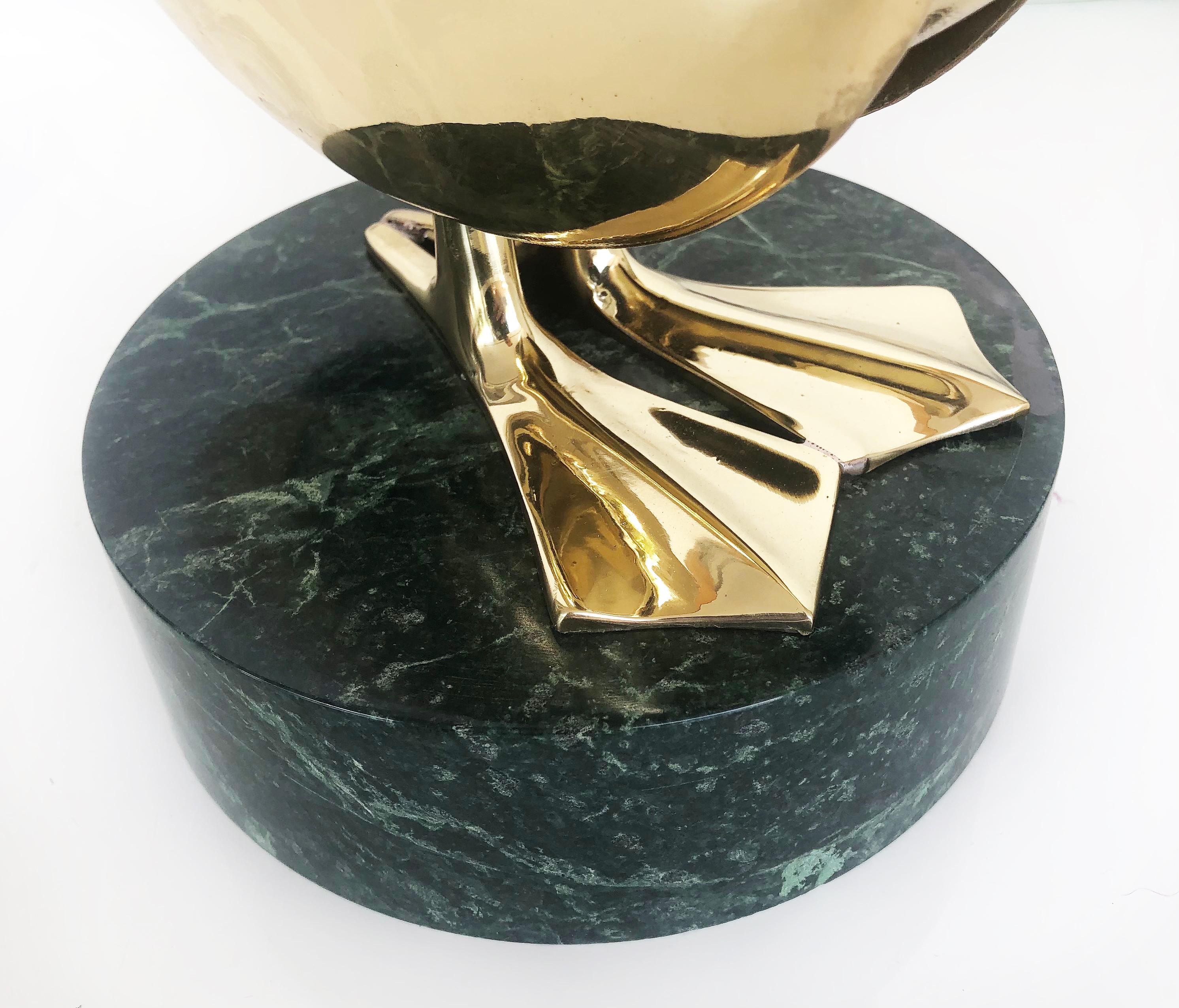 Polished Brass Stylized Pelican Sculpture on Marble Base In Good Condition For Sale In Miami, FL