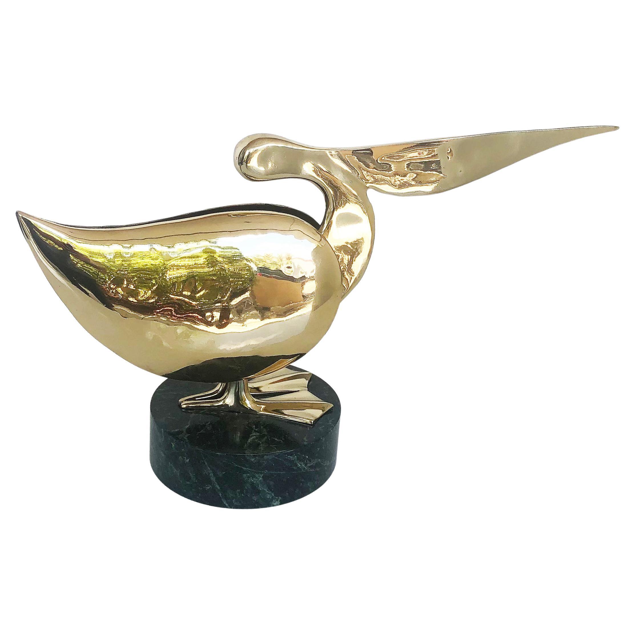 Polished Brass Stylized Pelican Sculpture on Marble Base For Sale