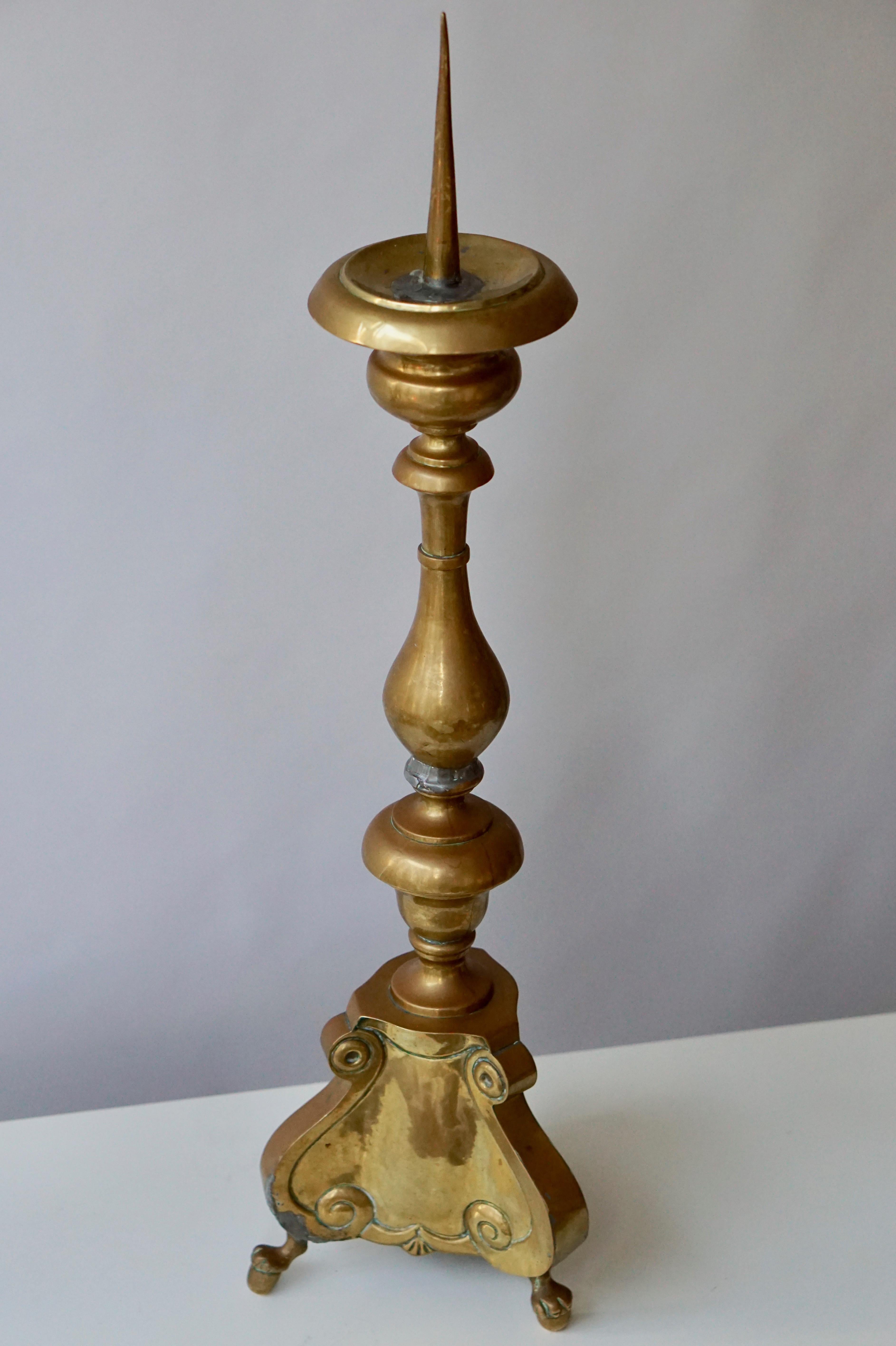 Italian Polished Brass Tall Torchere, Candlestick or Prickets, 19th Century For Sale