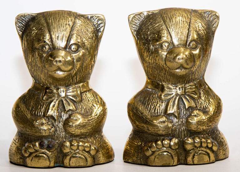Polished Brass Teddy Bear Vintage Bookends Paperweights For Sale at 1stDibs