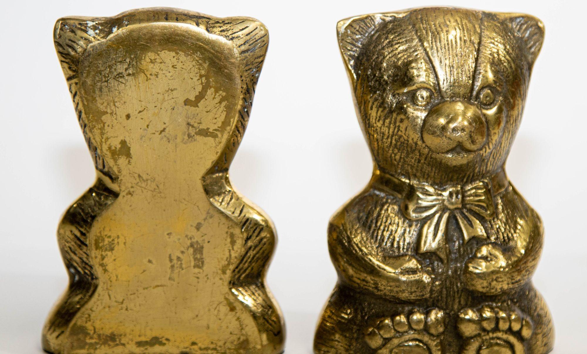 Cast Polished Brass Teddy Bear Vintage Bookends Paperweights For Sale