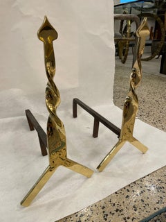 Polished Brass Twisted Arrow Style Andirons, Vintage Pair