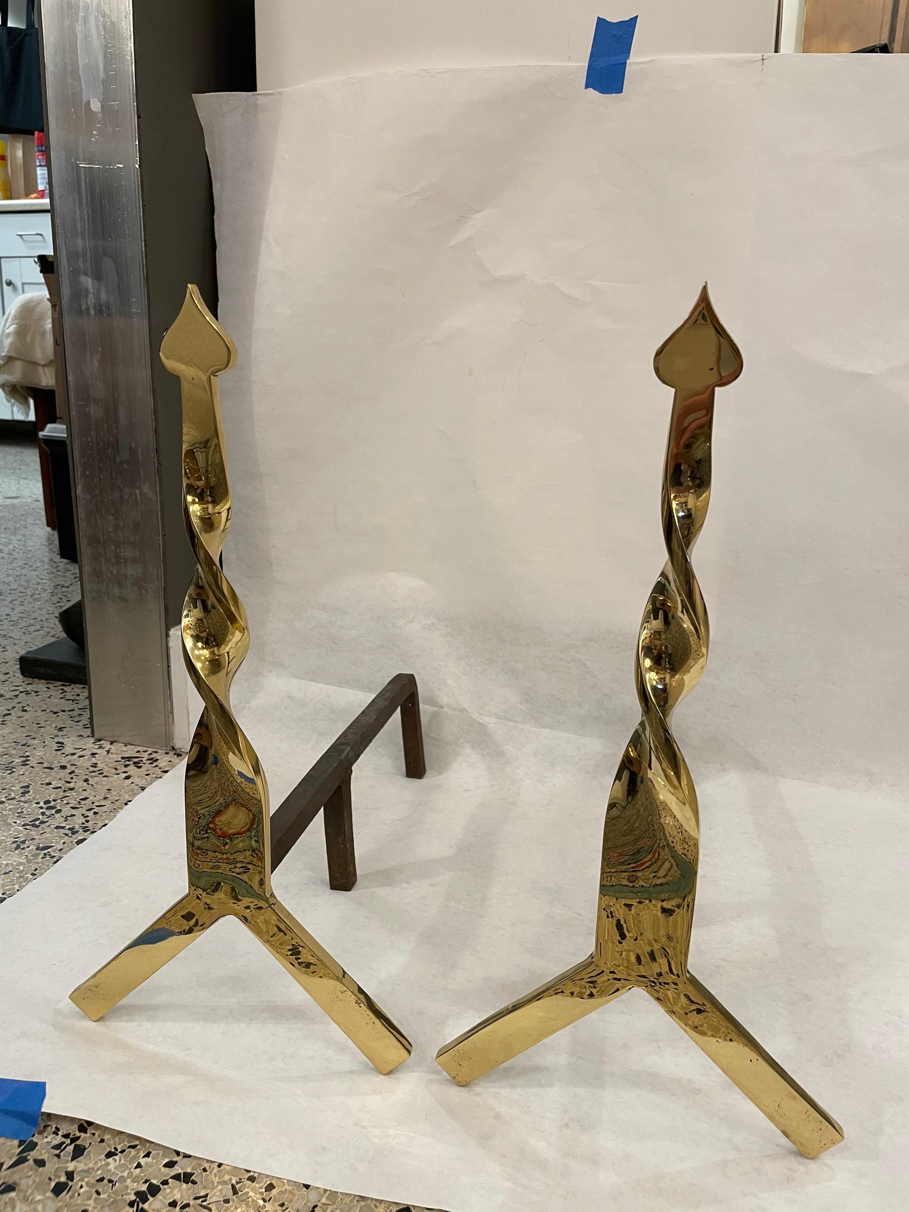 Iron Polished Brass Twisted Arrow Style Andirons, Vintage Pair For Sale