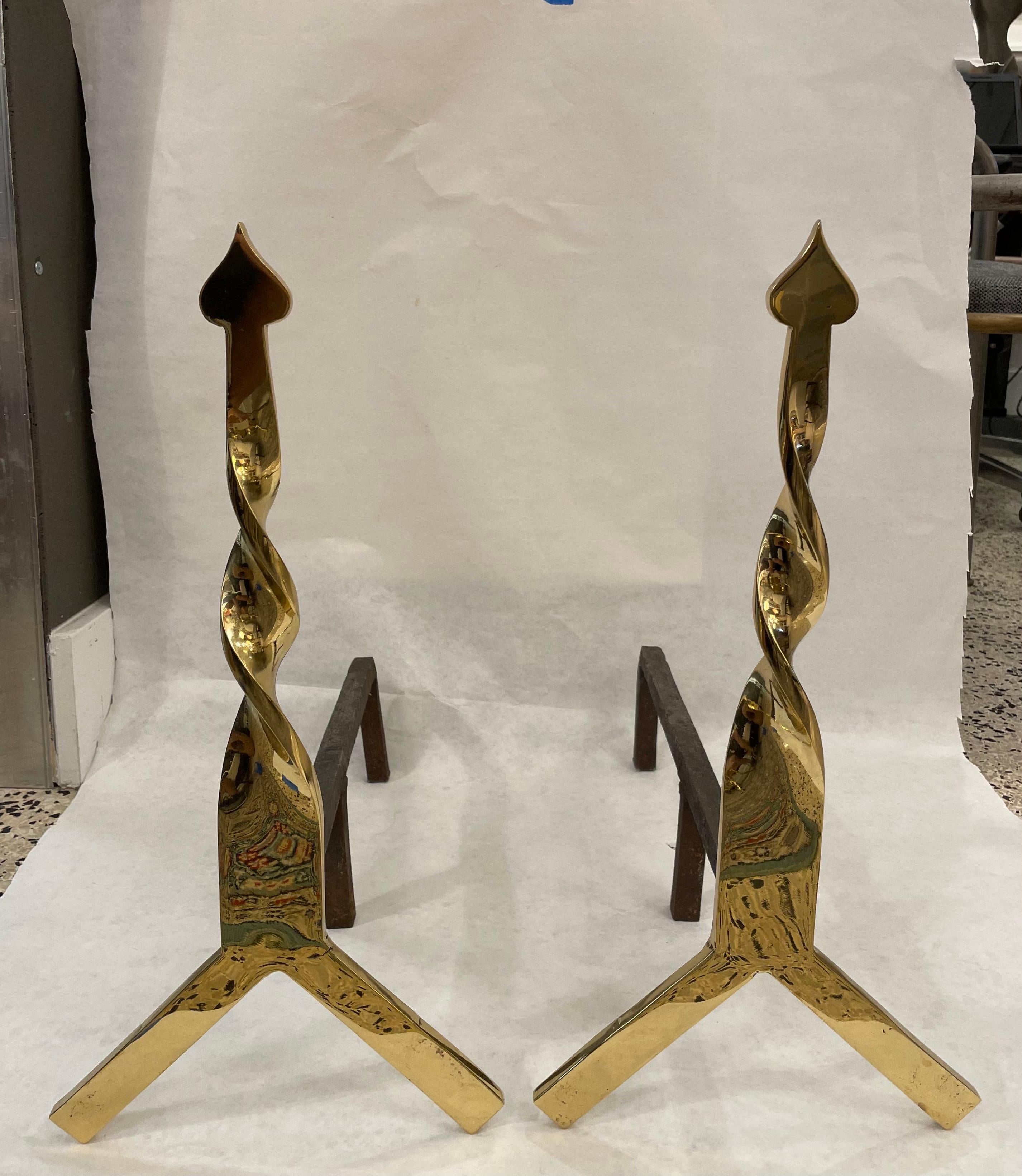 Polished Brass Twisted Arrow Style Andirons, Vintage Pair For Sale 2