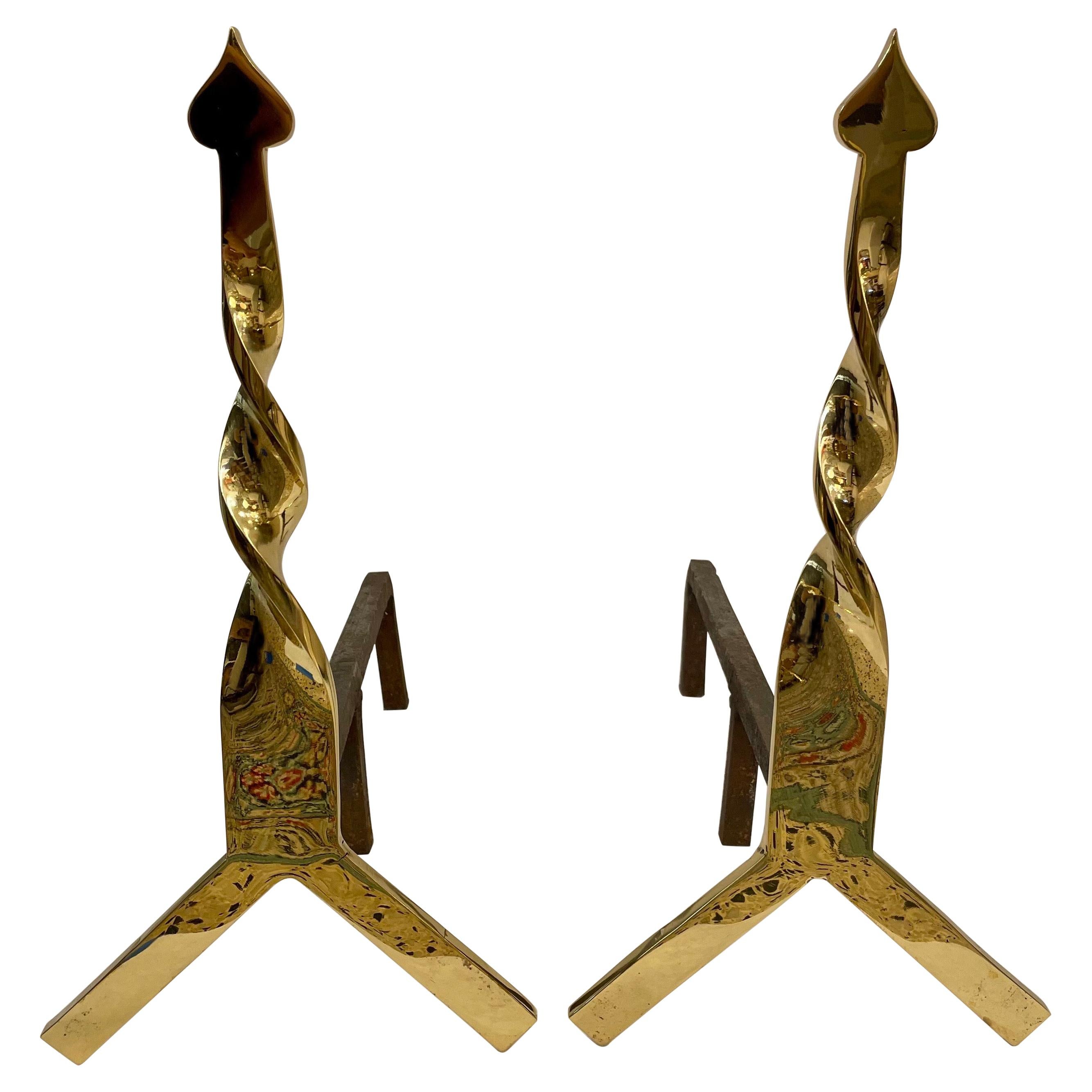 Polished Brass Twisted Arrow Style Andirons, Vintage Pair For Sale