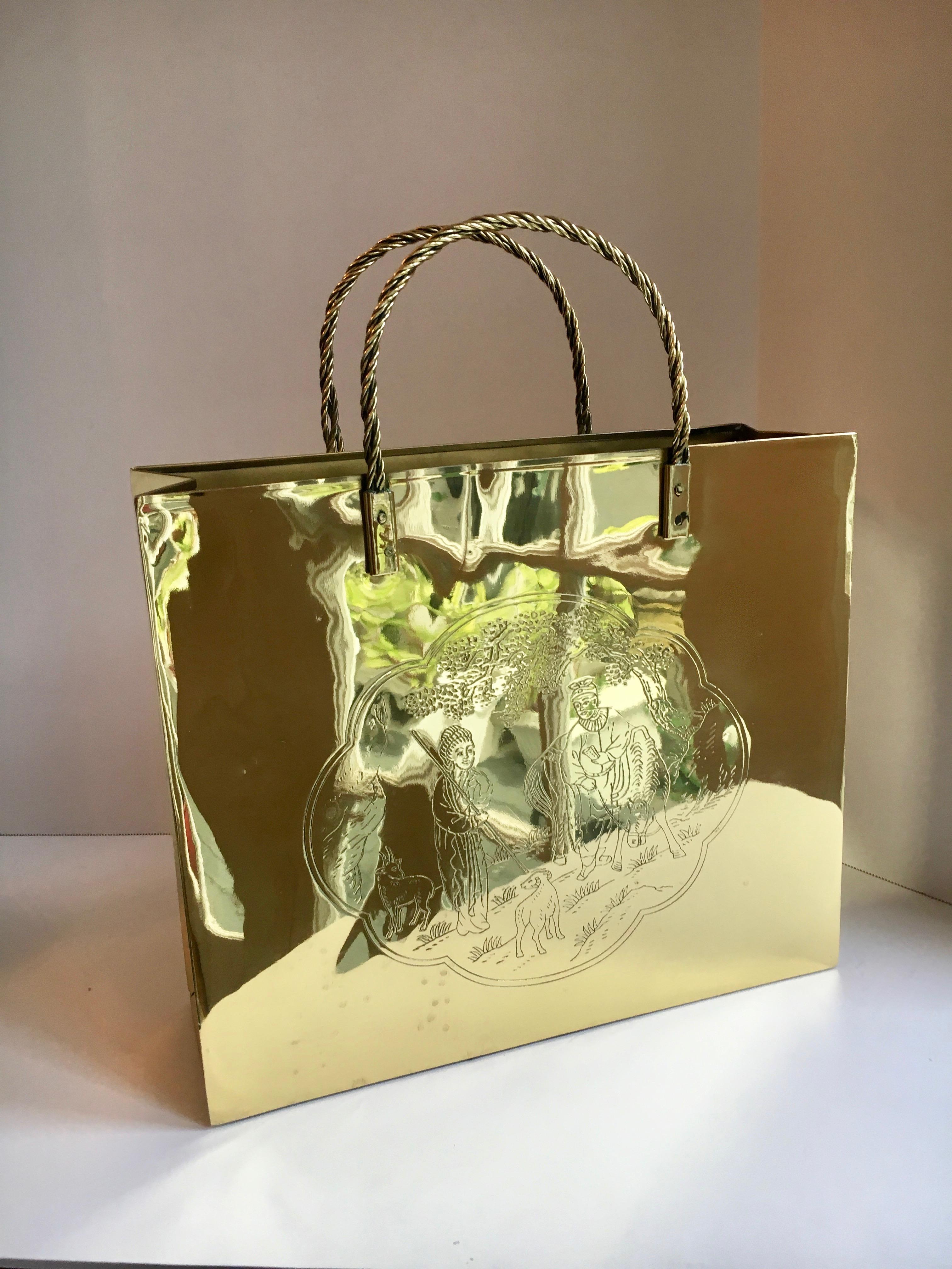 Polished brass waste can - Uniquely designed waste can in the shape of a shopping bag with an Asian motif... perfect for the bedroom or office - disguised as a chic shopping bag. The piece has been newly polished and has few imperfections - one side