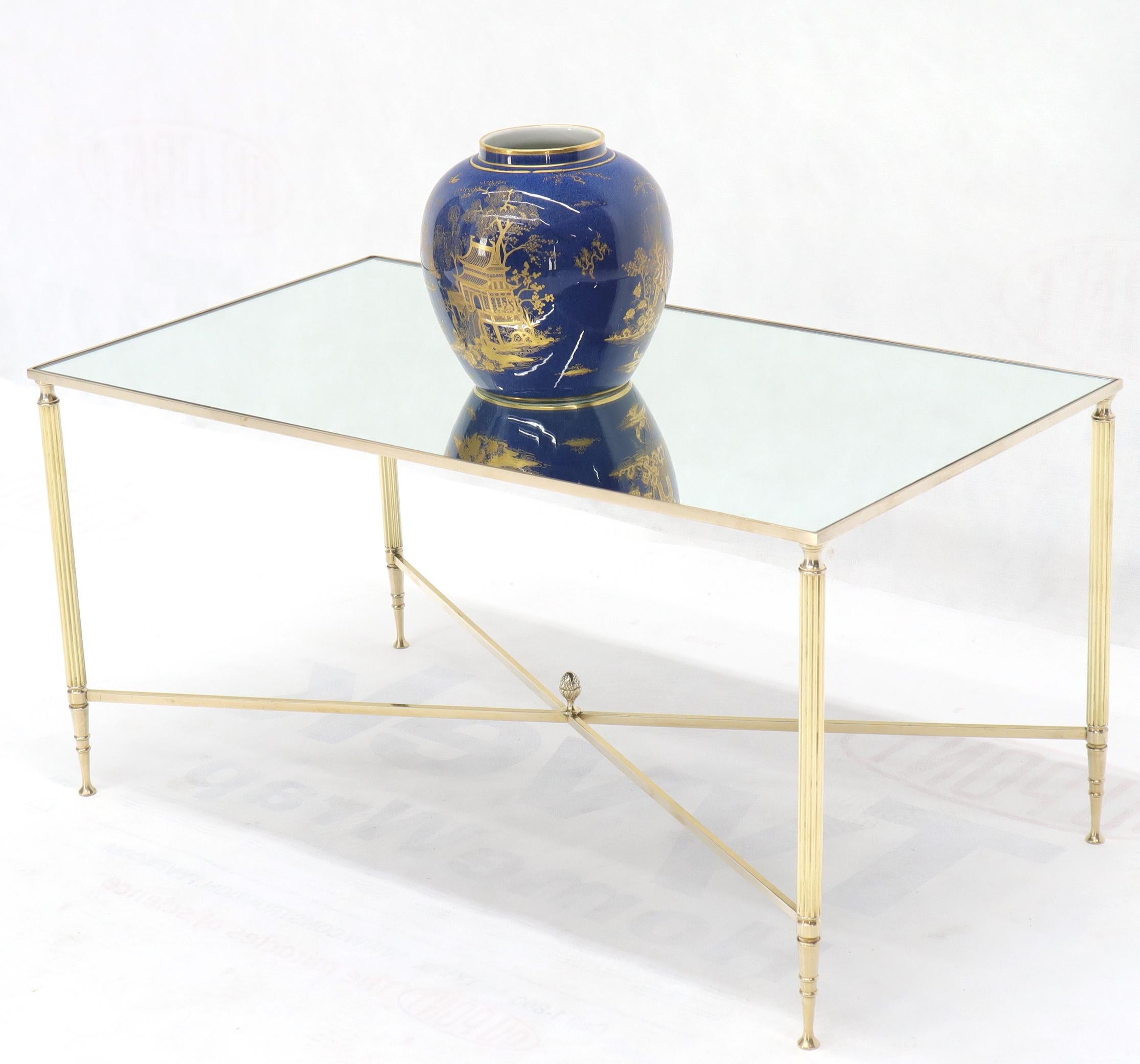 Polished Brass X-Stretcher Base Fluted Legs Mirrored Glass Top Coffee Table For Sale 1