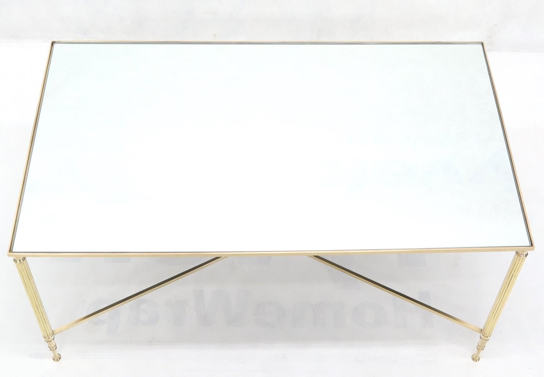 Mid-Century Modern Polished Brass X-Stretcher Base Fluted Legs Mirrored Glass Top Coffee Table For Sale