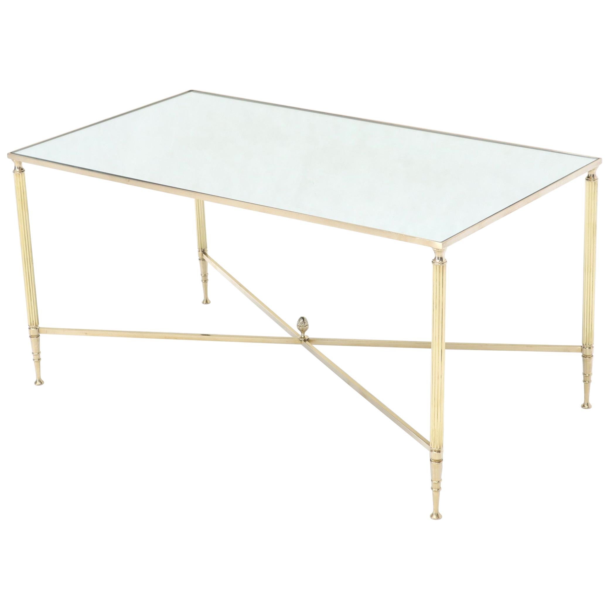 Polished Brass X-Stretcher Base Fluted Legs Mirrored Glass Top Coffee Table For Sale