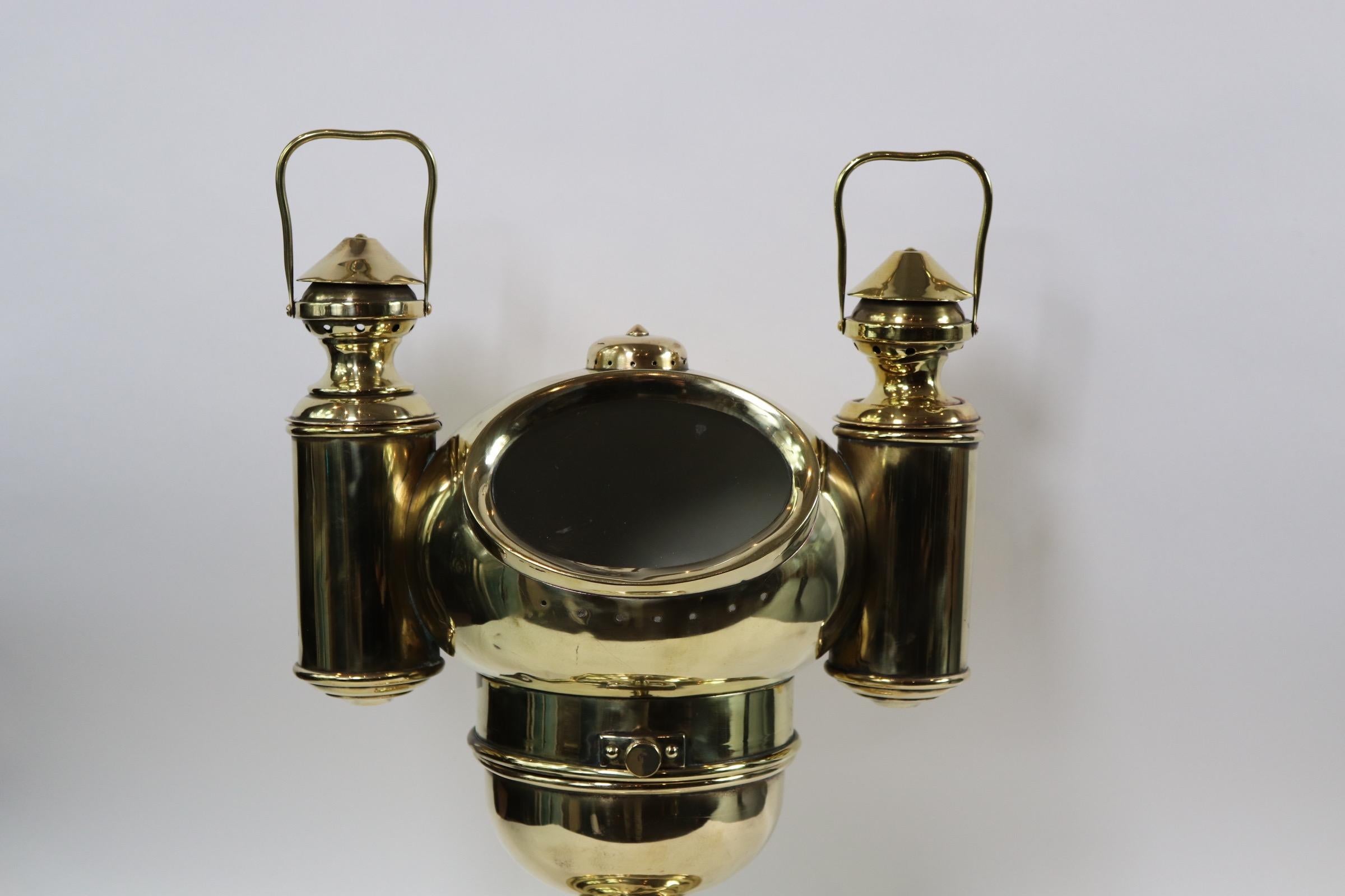 Polished brass yacht binnacle with gimballed compass by Dirigo. Compass is also polished. Mushroom style top with twin burners. Awesome relic. Weight is 14 pounds. X-117