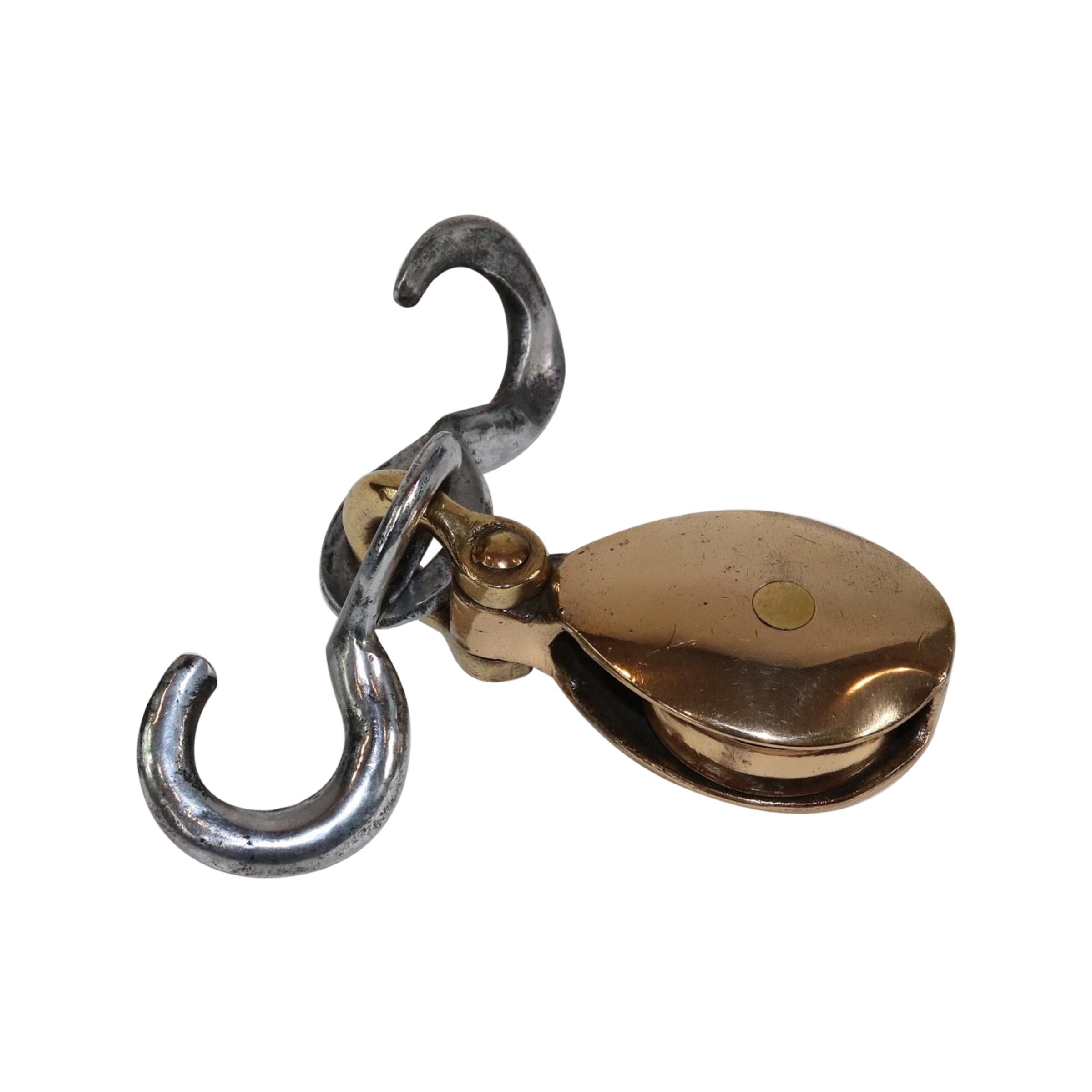 Polished Brass Yacht Pulley with Steel Hooks For Sale