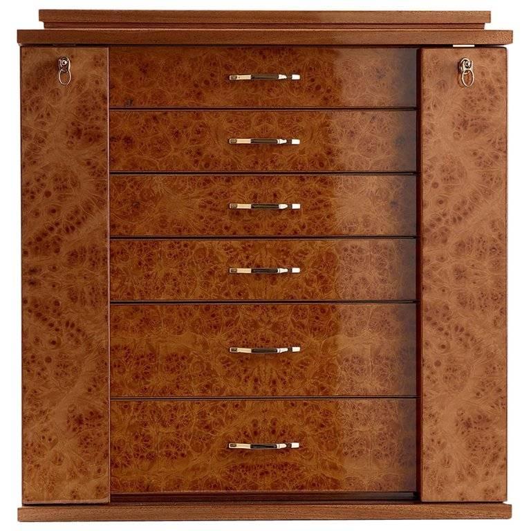 Agresti Polished Briarwood and Mahogany Jewel Box with Gold-Plated Hardware  For Sale