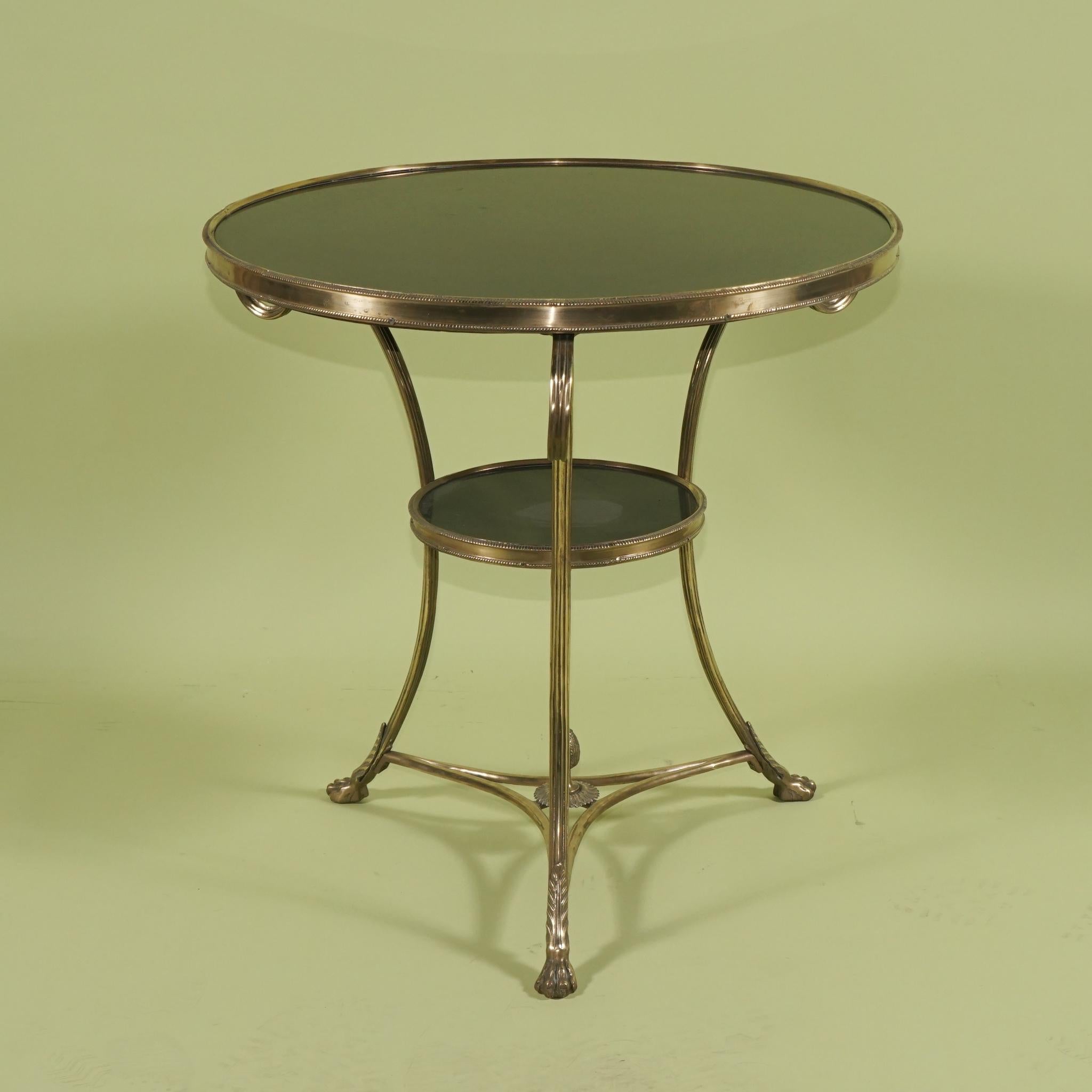 French Polished Bronze 20th Century Gueridon with Black Marble Top & Shelf