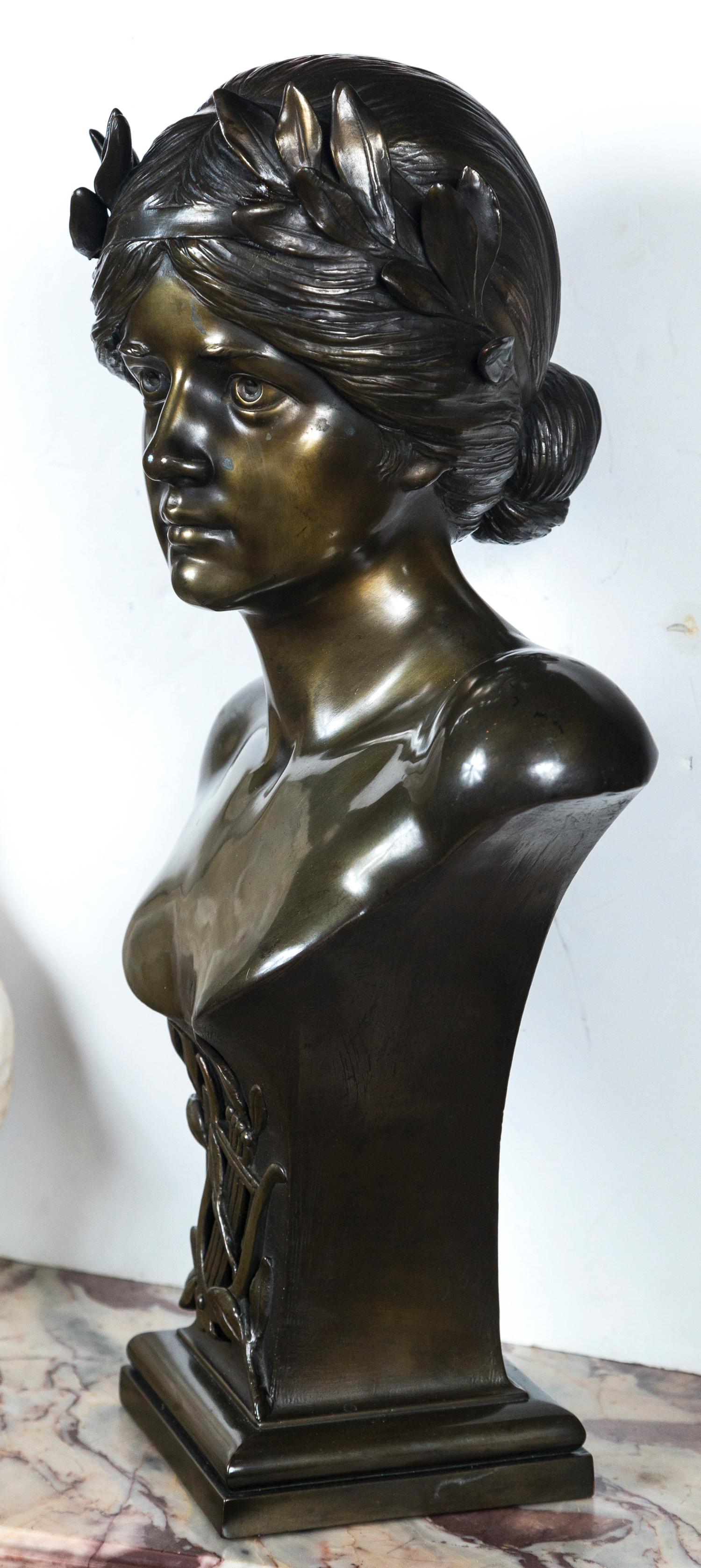 Polished Bronze Bust of the Greek Goddess of Music In Good Condition For Sale In Woodbury, CT
