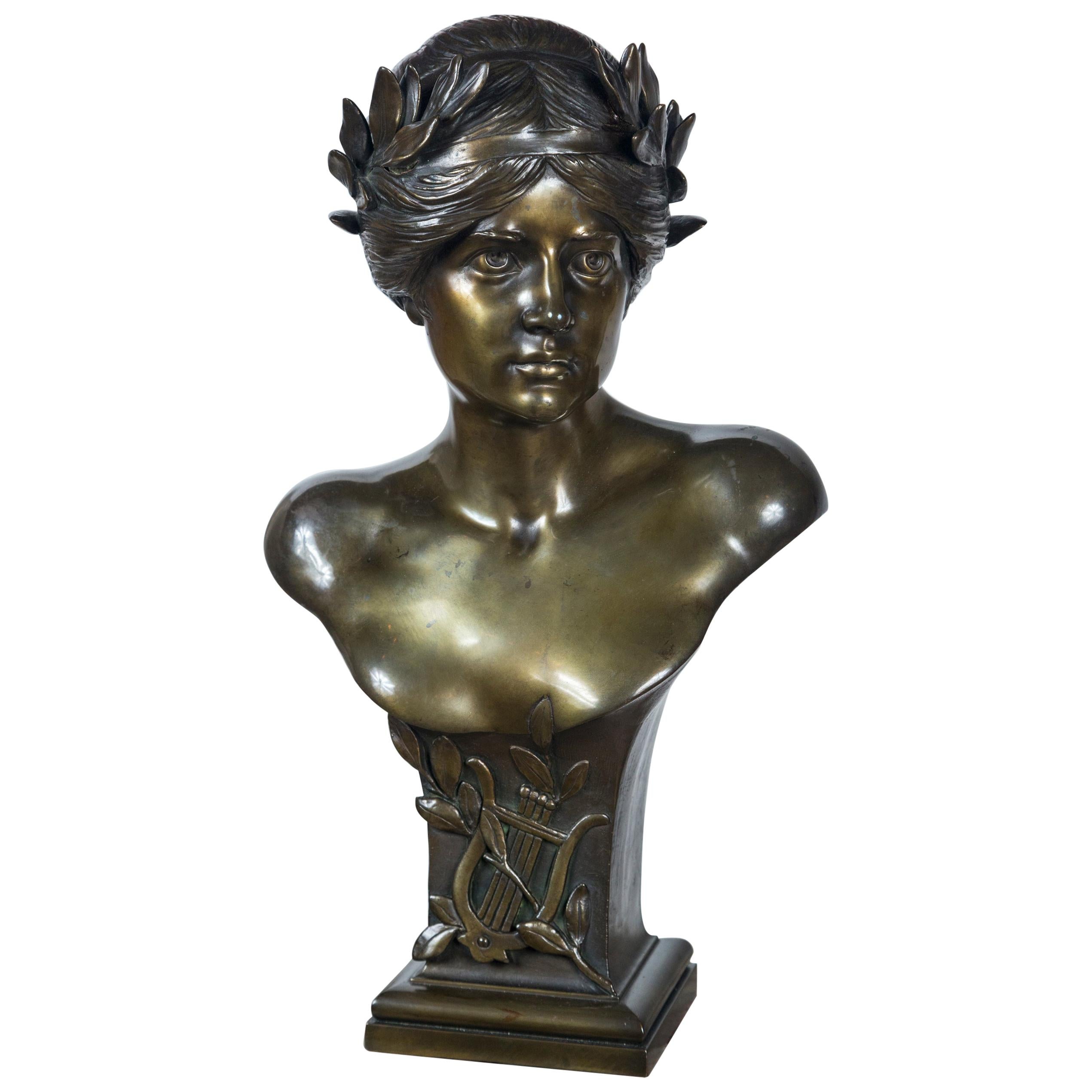 Polished Bronze Bust of the Greek Goddess of Music For Sale