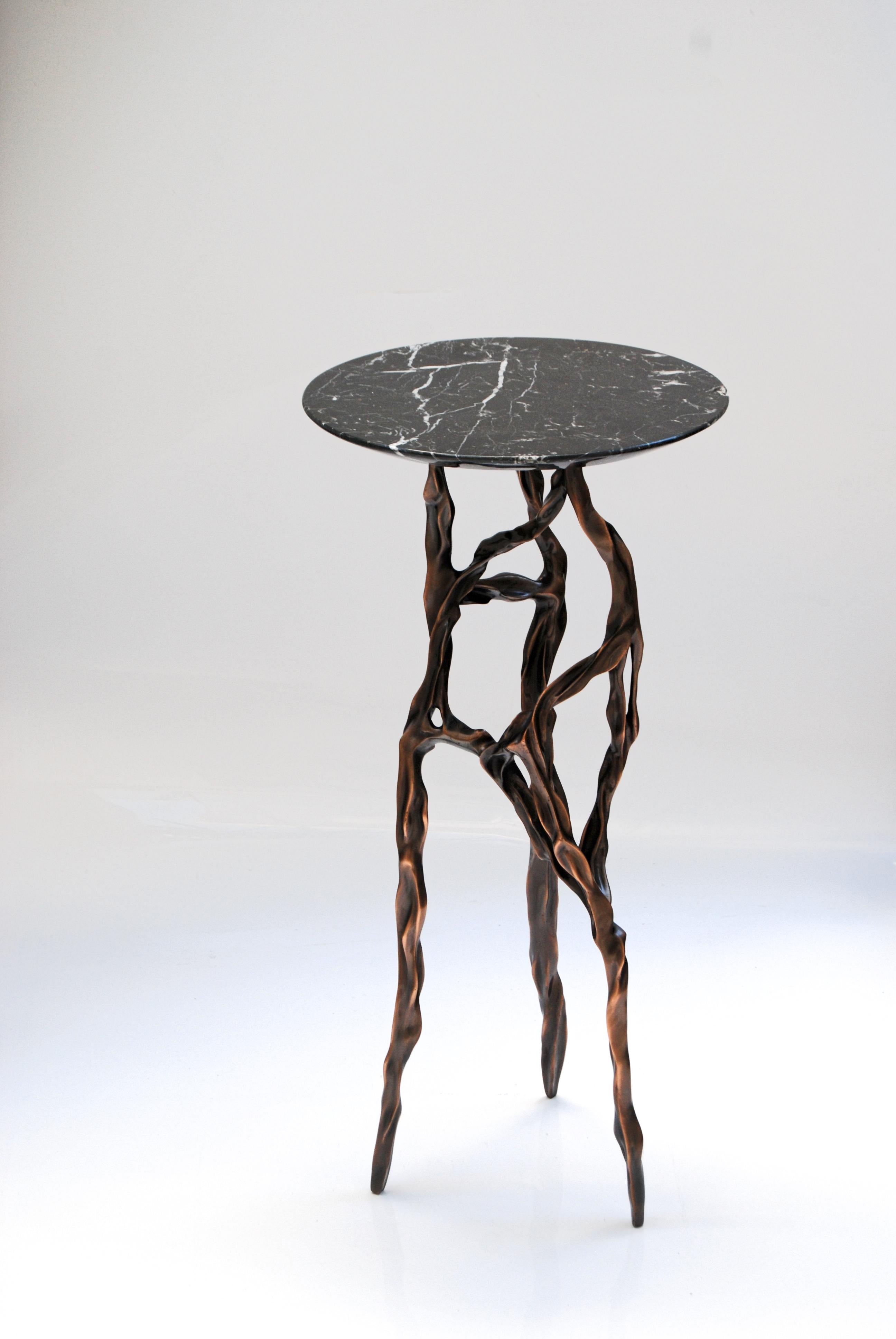 Brazilian Polished Bronze Side Table with Marquina Marble Top by Fakasaka Design For Sale