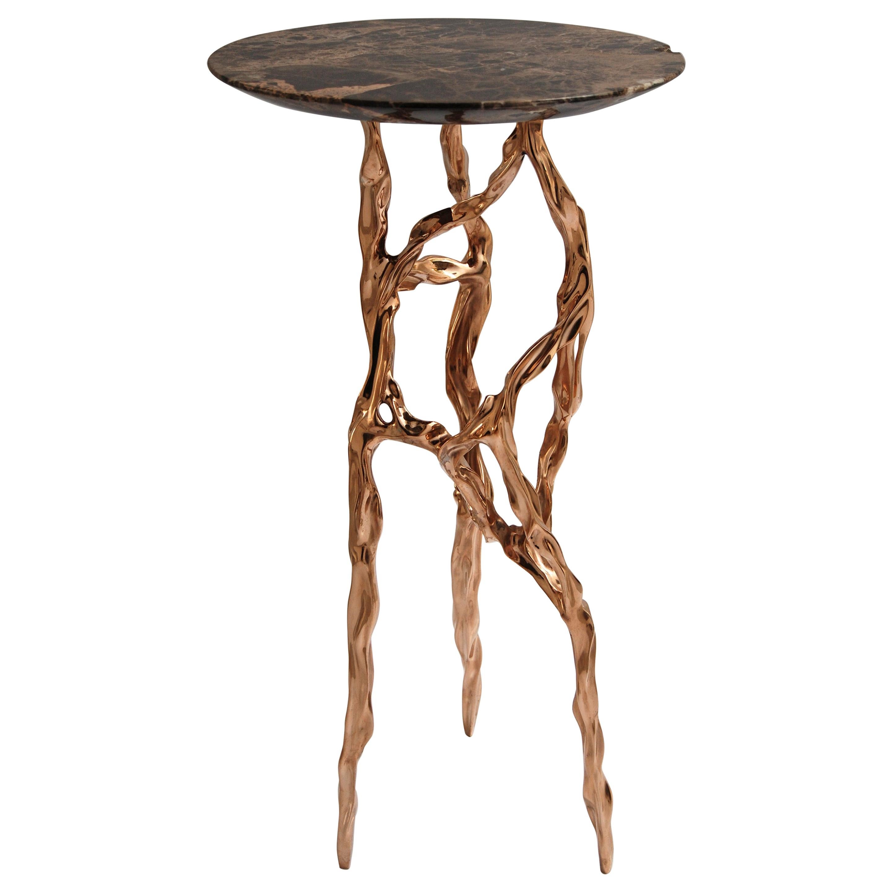 Polished Bronze Side Table with Marquina Marble Top by Fakasaka Design