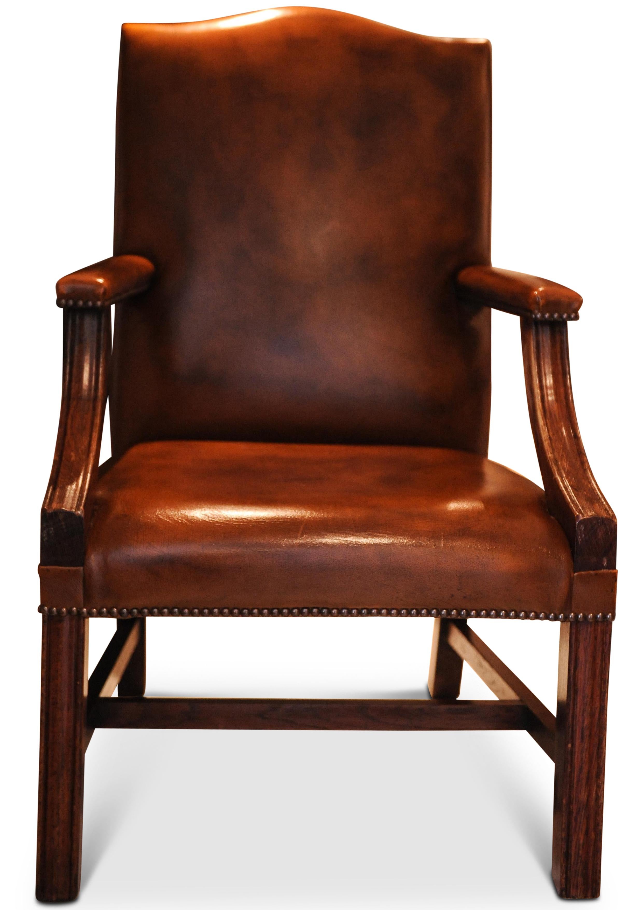 Polished Antique Brown Leather George III Gainsborough Armchair With Padded Leather Arms & Brass Stud Detailing

