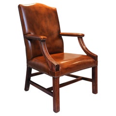 Polished Brown Leather George III Gainsborough Armchair With Padded Leather Arms